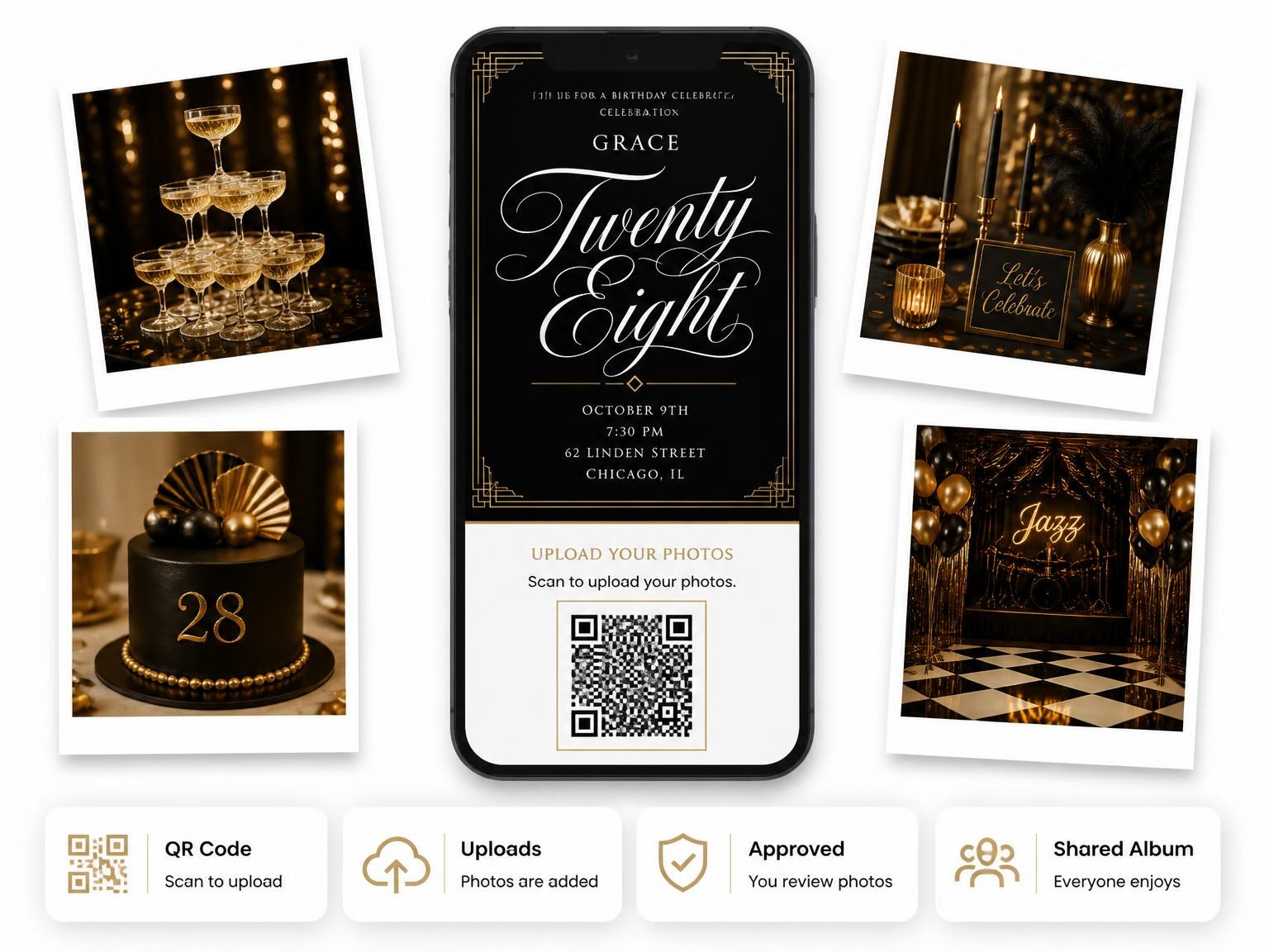 The shared photo gallery that comes with the Art Deco 28th Birthday Invitation invitation