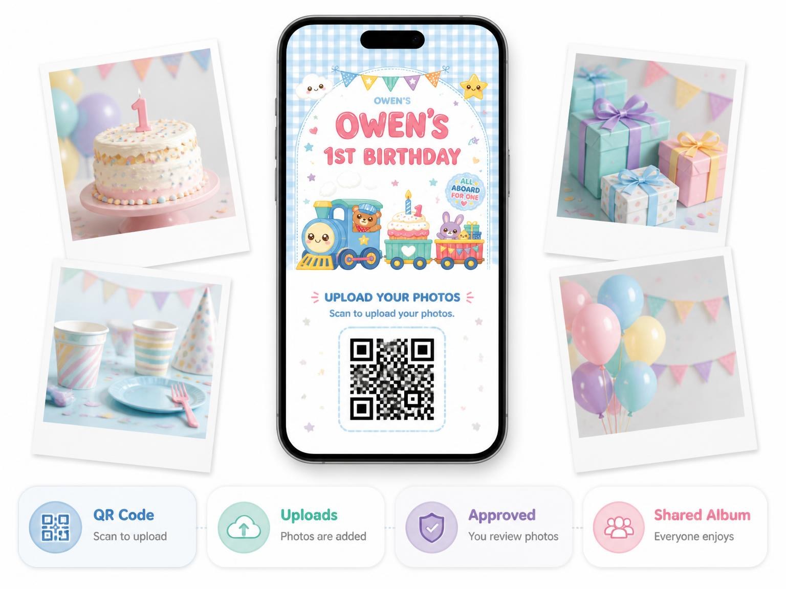 The shared photo gallery that comes with the Kawaii Choo-Choo Train 1st Birthday Invitation invitation