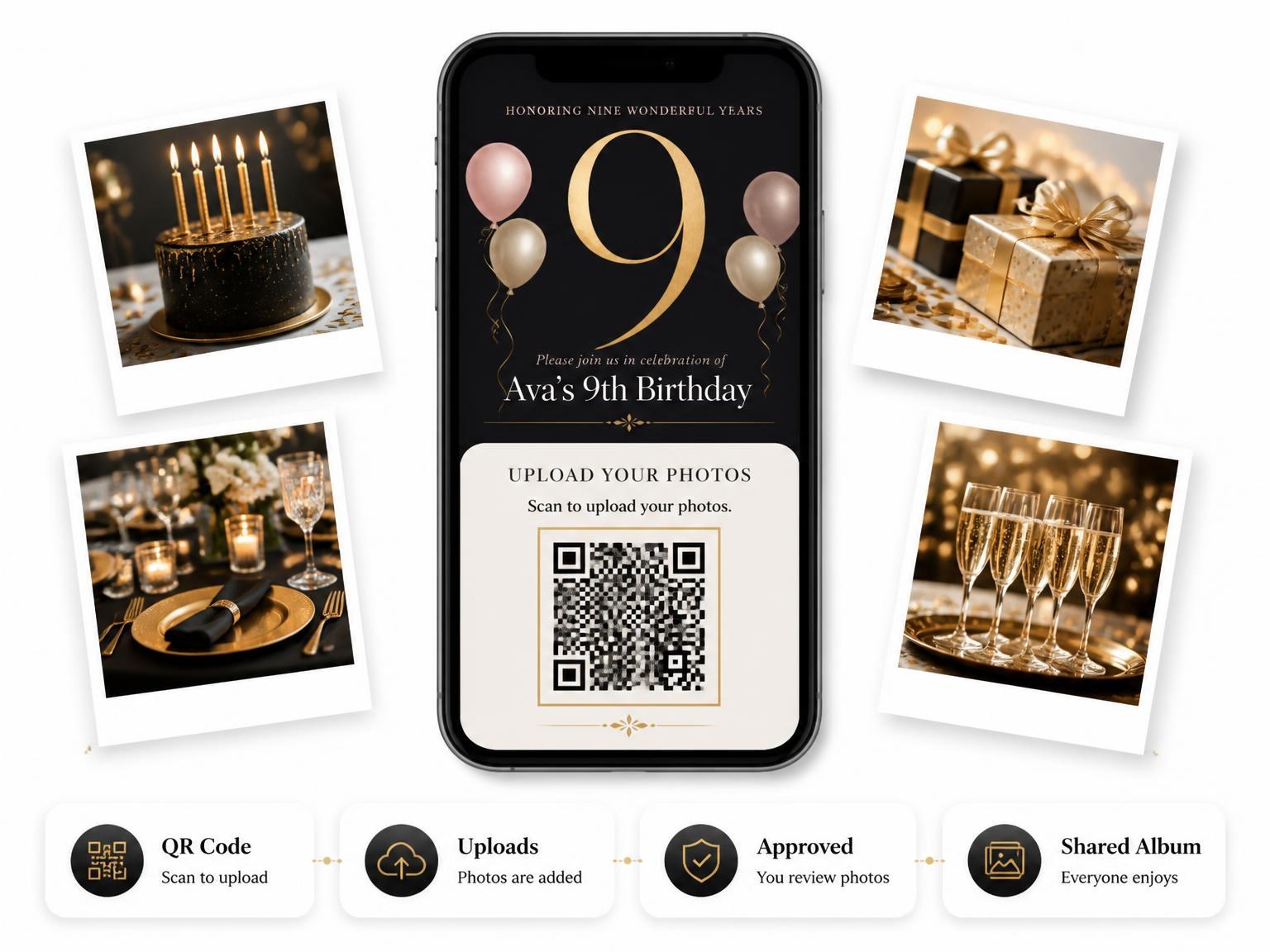 The shared photo gallery that comes with the Charcoal and Blush 9th Birthday Invitation invitation
