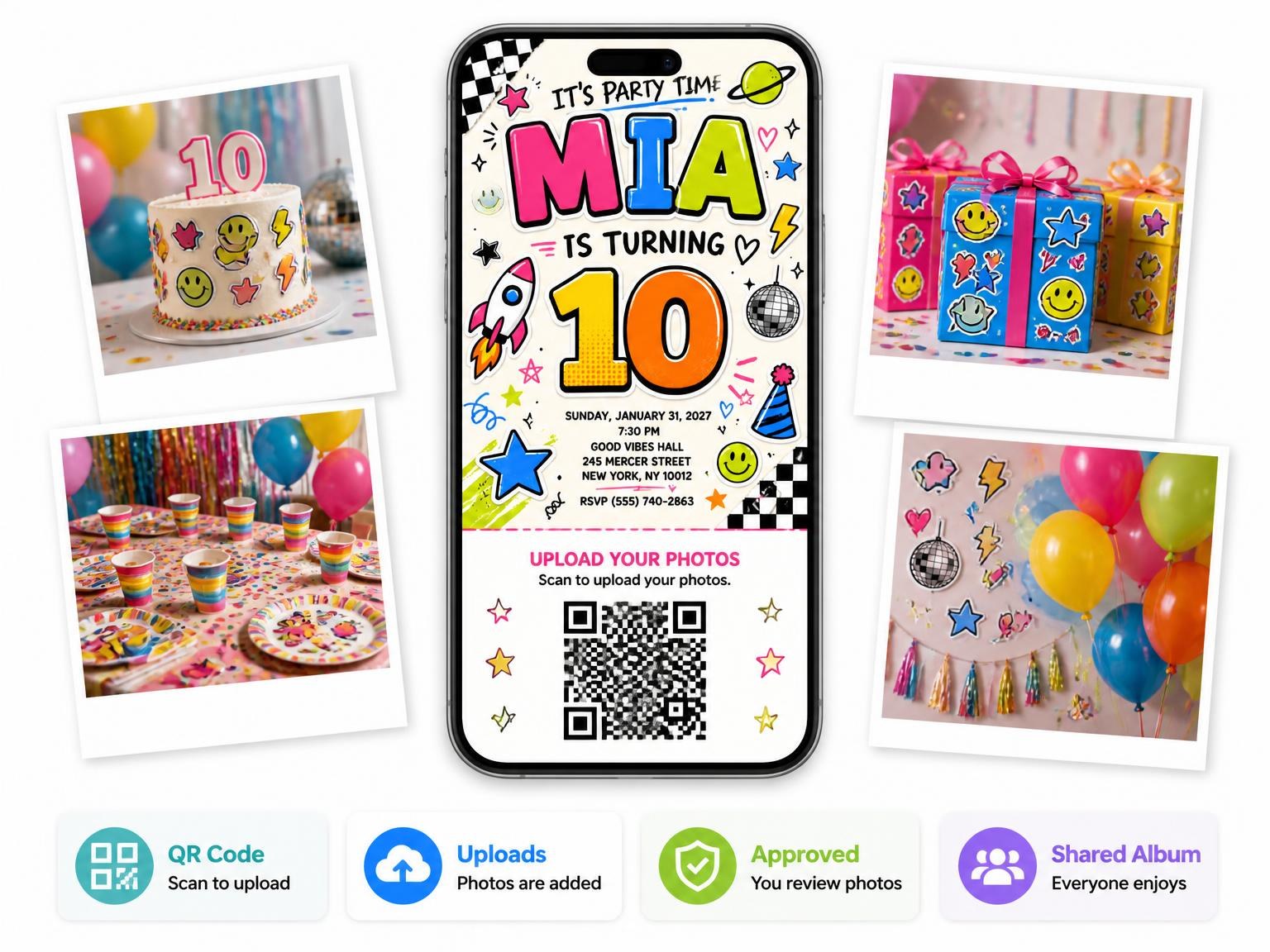 The shared photo gallery that comes with the Sticker Pop 10th Birthday Invitation invitation
