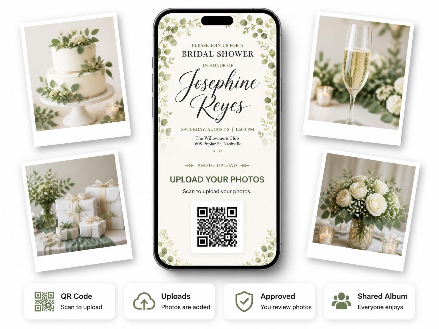 The shared photo gallery that comes with the Watercolor Eucalyptus Bridal Shower Invitation invitation