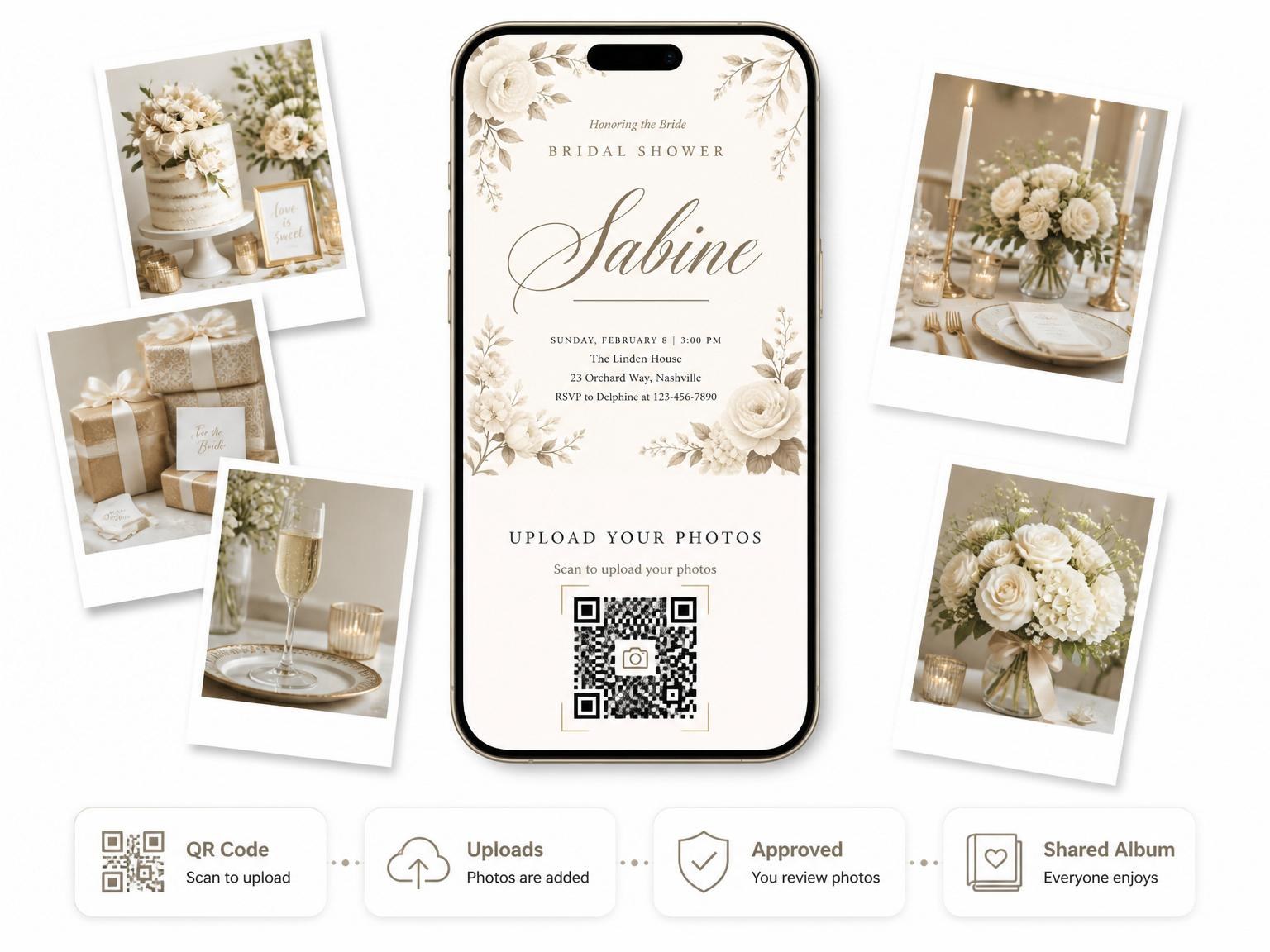 The shared photo gallery that comes with the Sepia Floral Bridal Shower Invitation invitation