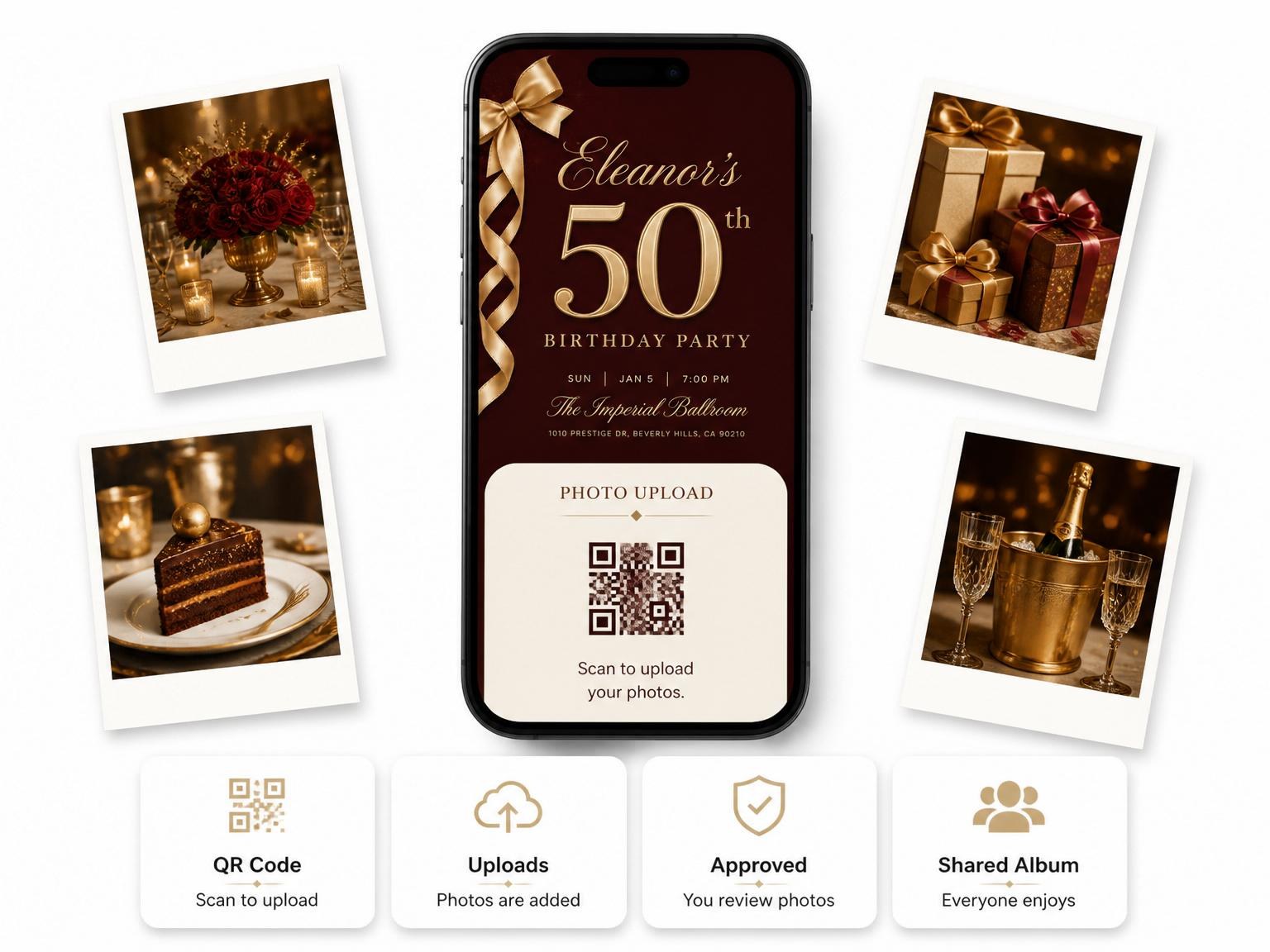 The shared photo gallery that comes with the Burgundy Gold Ribbon 50th Birthday invitation
