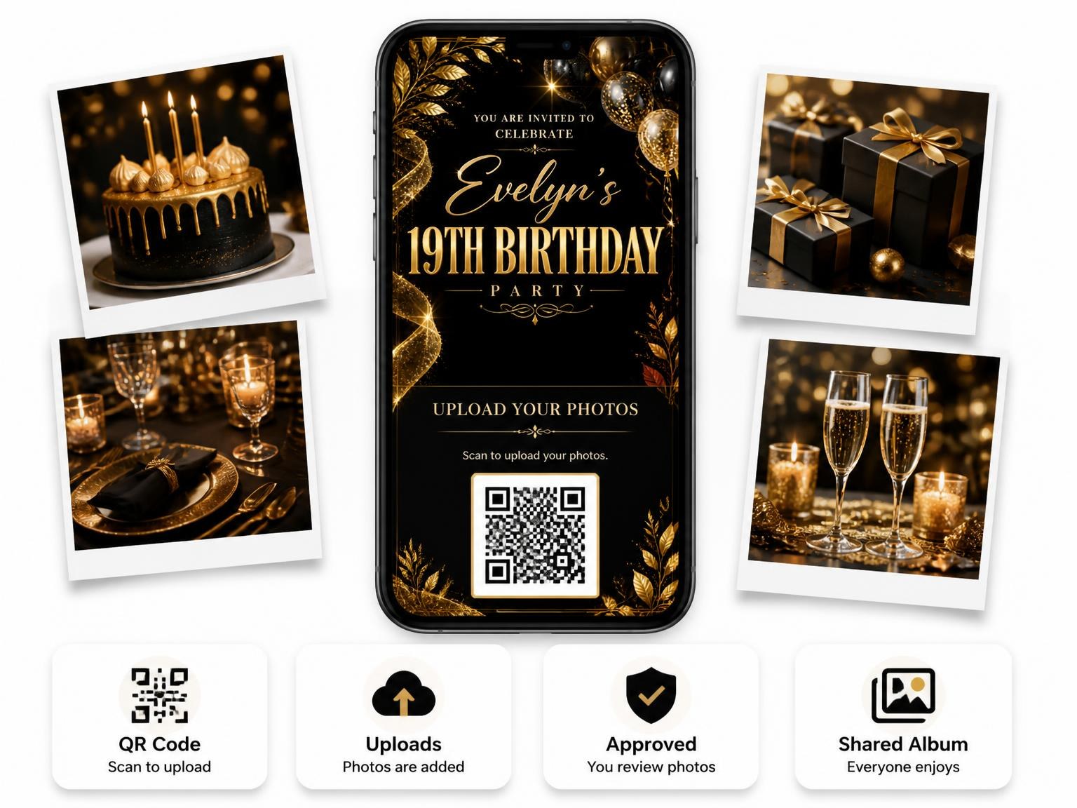 The shared photo gallery that comes with the Black and Gold 19th Birthday Invitation invitation