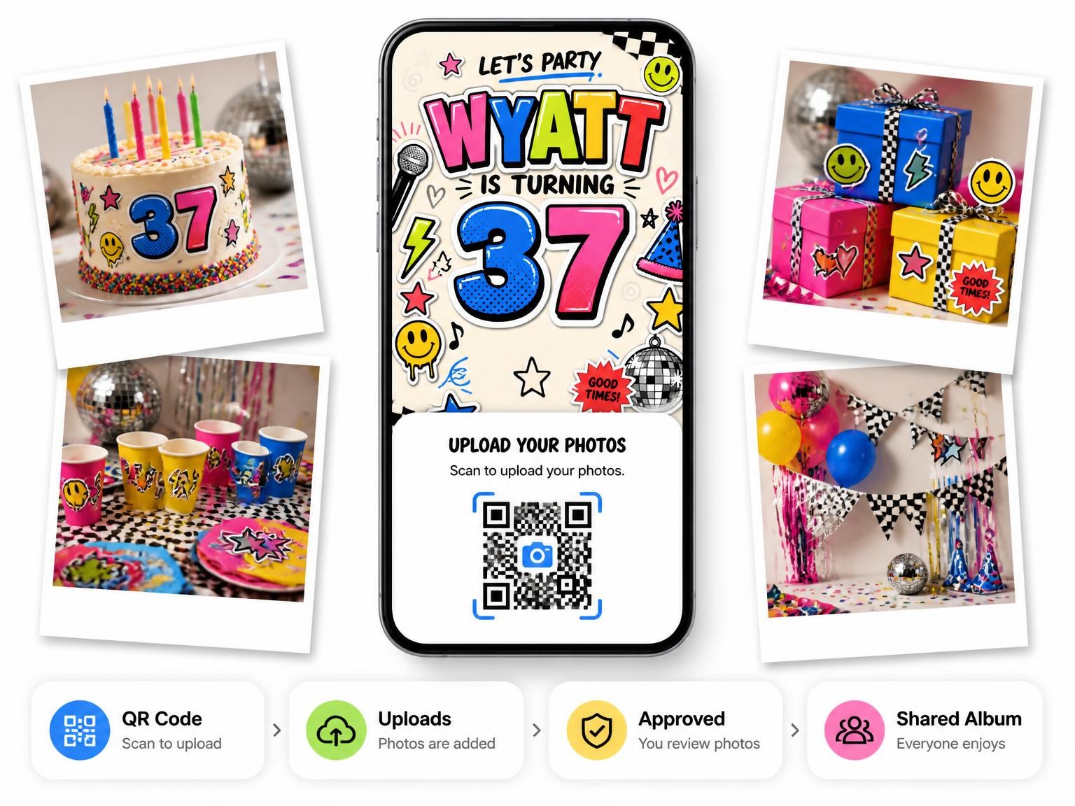 The shared photo gallery that comes with the Sticker Pop 37th Birthday Invitation invitation