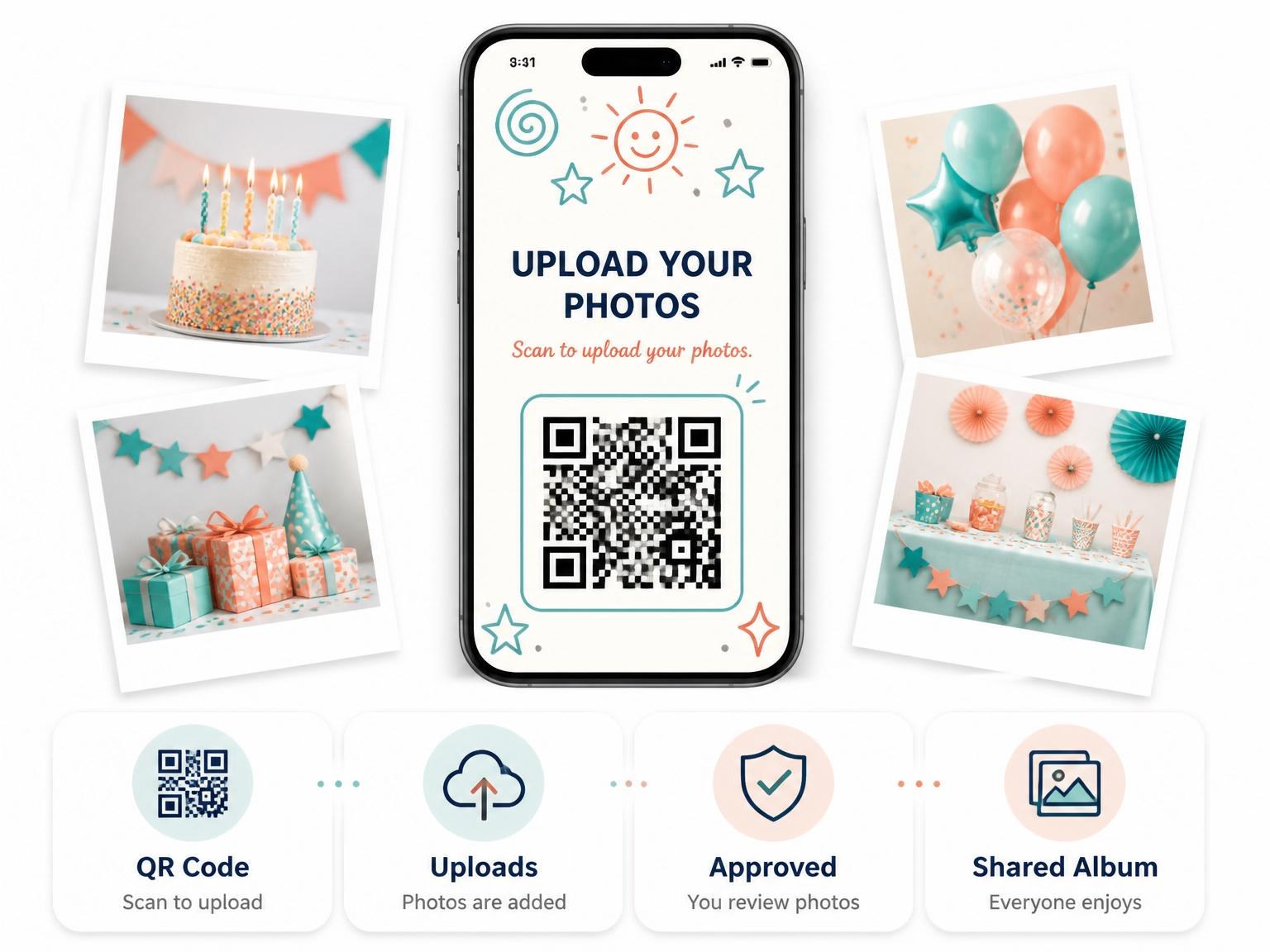 The shared photo gallery that comes with the Cream Sun Star 3rd Birthday Invitation invitation
