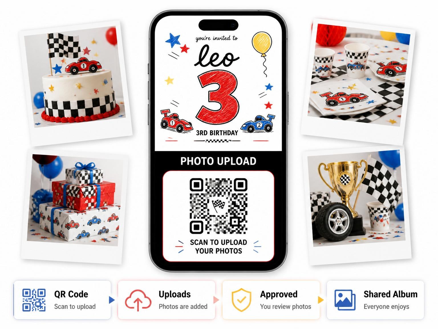 The shared photo gallery that comes with the Crayon Race Car 3rd Birthday invitation
