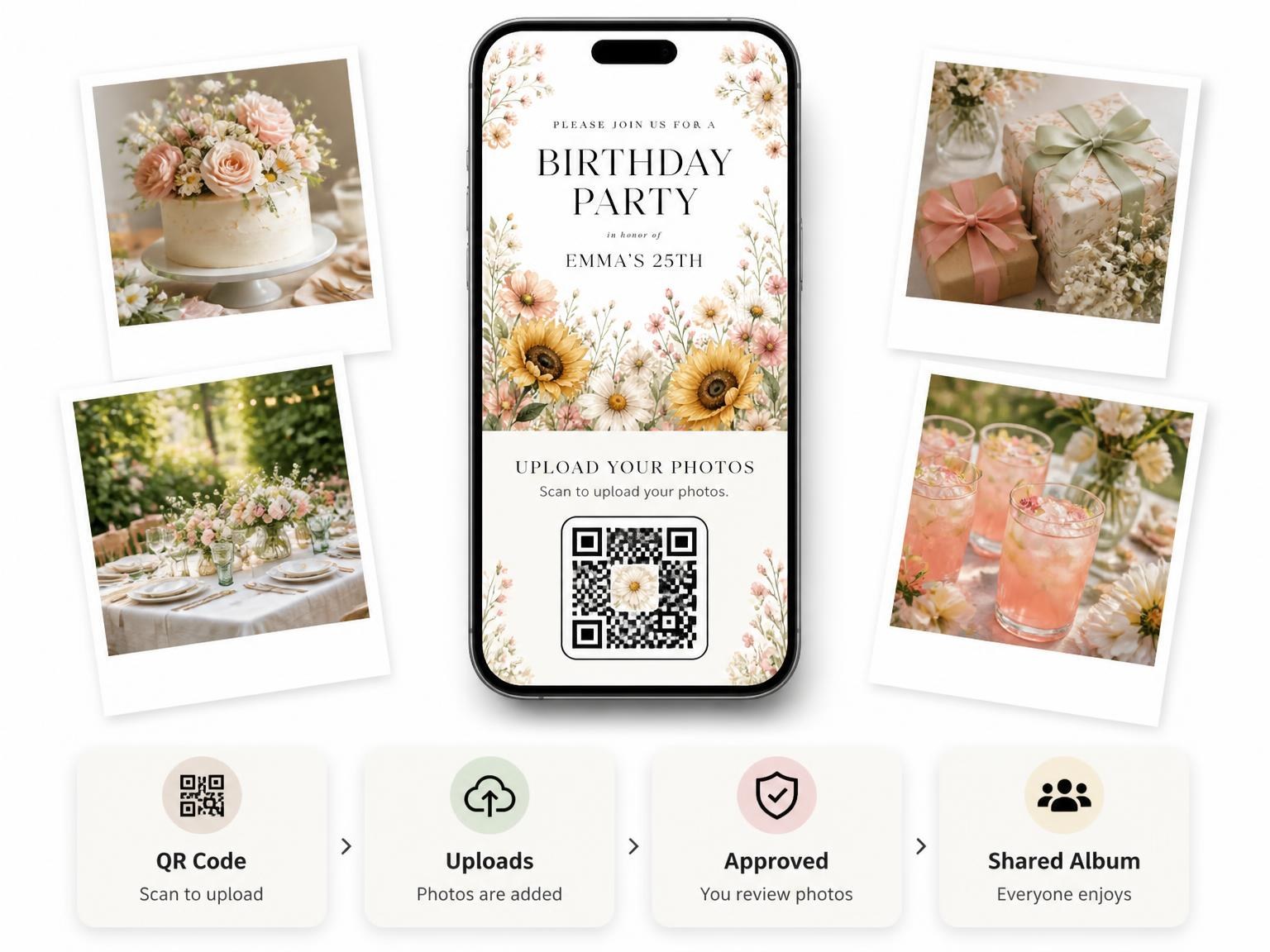 The shared photo gallery that comes with the Wildflowers Sunflowers 25th Birthday Invitation invitation