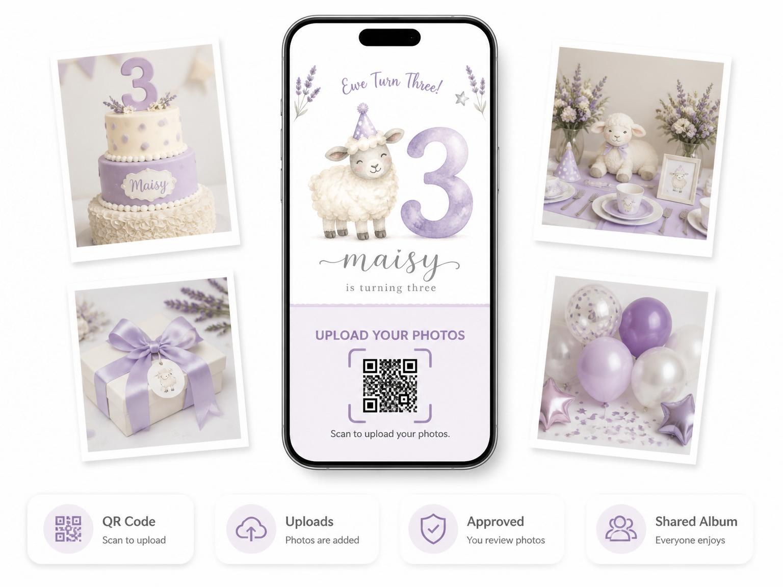 The shared photo gallery that comes with the Watercolor Lamb Lavender 3rd Birthday invitation