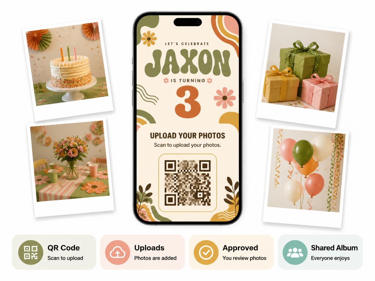 The shared photo gallery that comes with the Groovy Retro 3rd Birthday Invitation invitation
