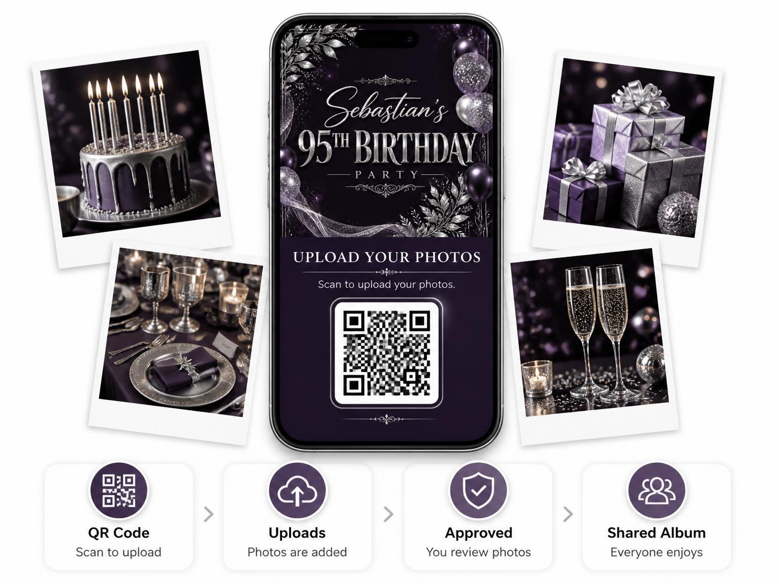 The shared photo gallery that comes with the Plum and Silver 95th Birthday Invitation invitation