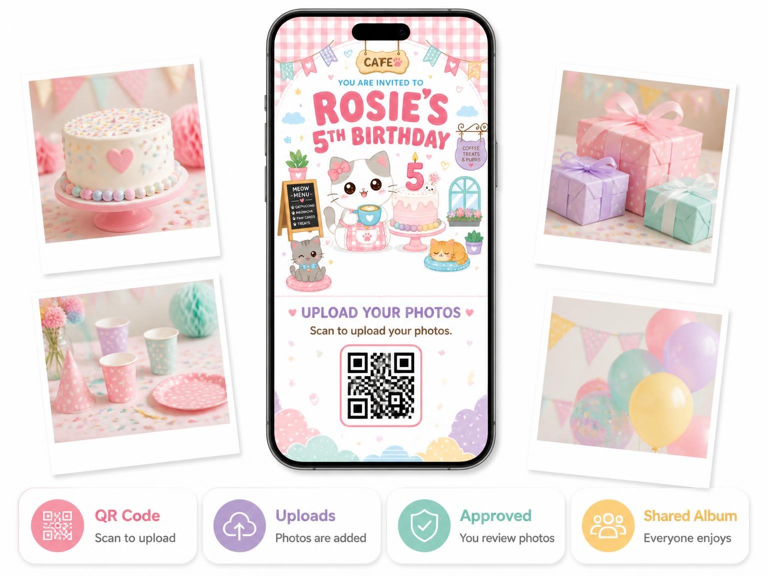 The shared photo gallery that comes with the Barista Cat Kawaii 5th Birthday Invitation invitation