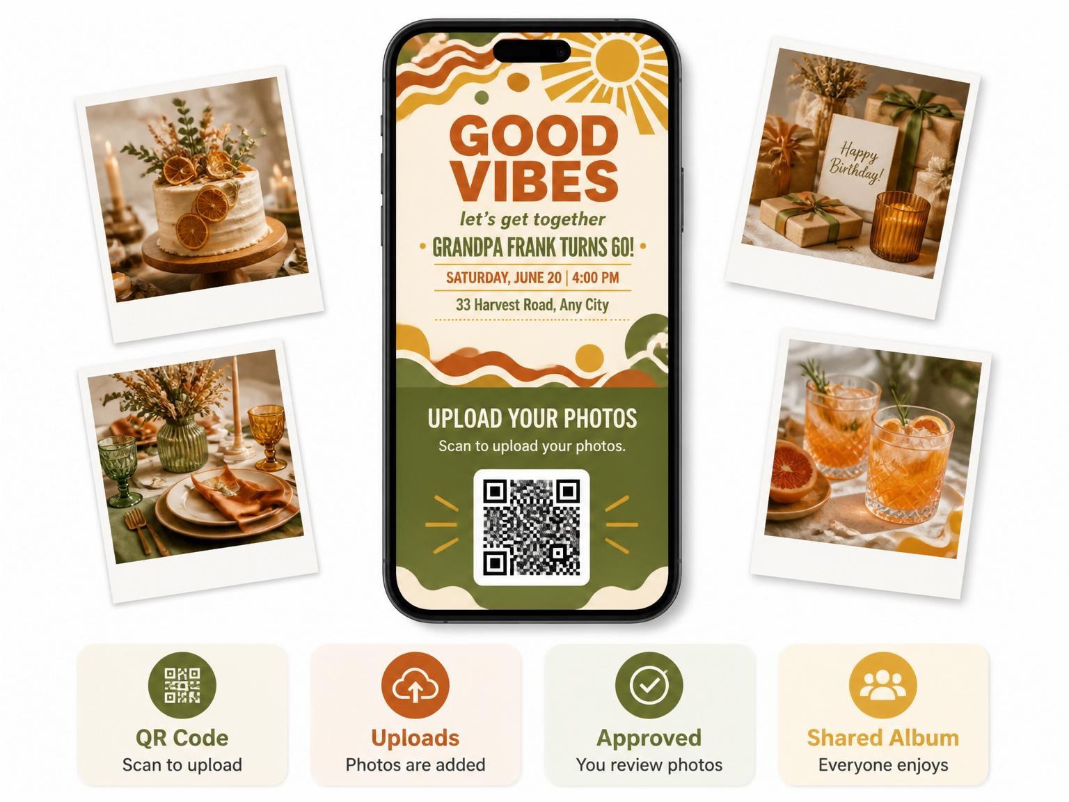 The shared photo gallery that comes with the Retro Earth Tone 60th Birthday invitation