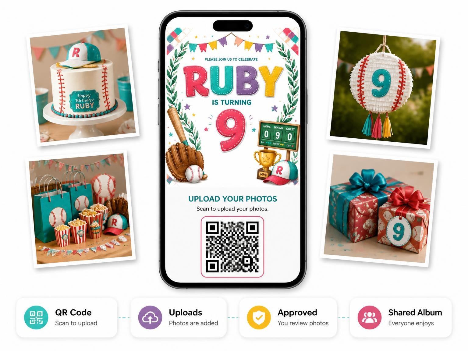 The shared photo gallery that comes with the Stitched Baseball 9th Birthday Invitation invitation
