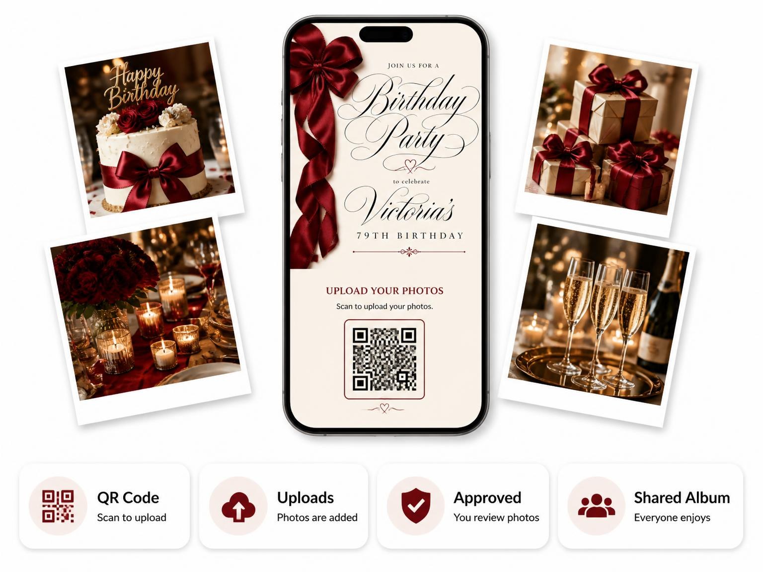 The shared photo gallery that comes with the Burgundy Satin Bow 79th Birthday Invitation invitation