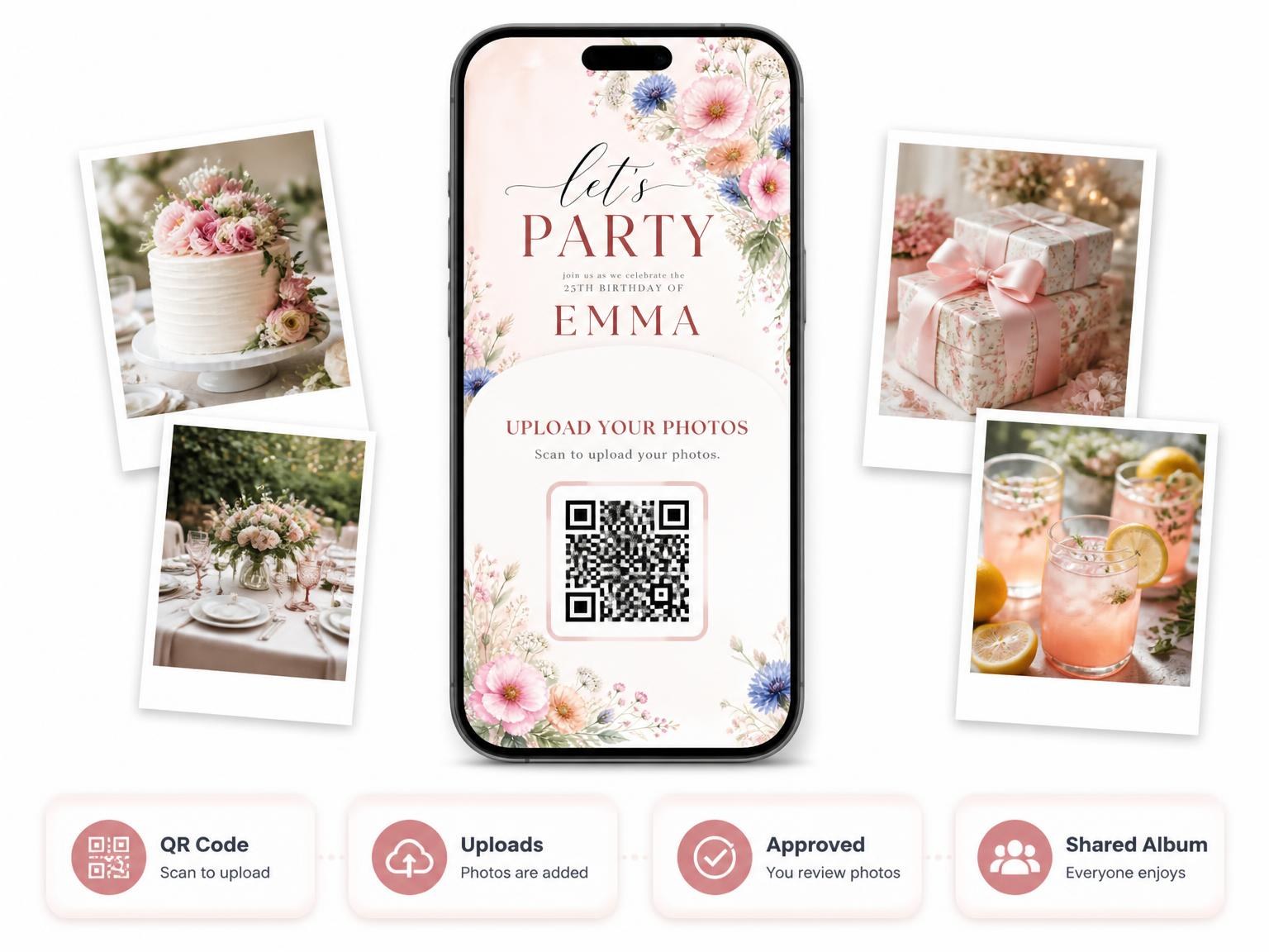 The shared photo gallery that comes with the Arch Blush 25th Birthday Invitation invitation