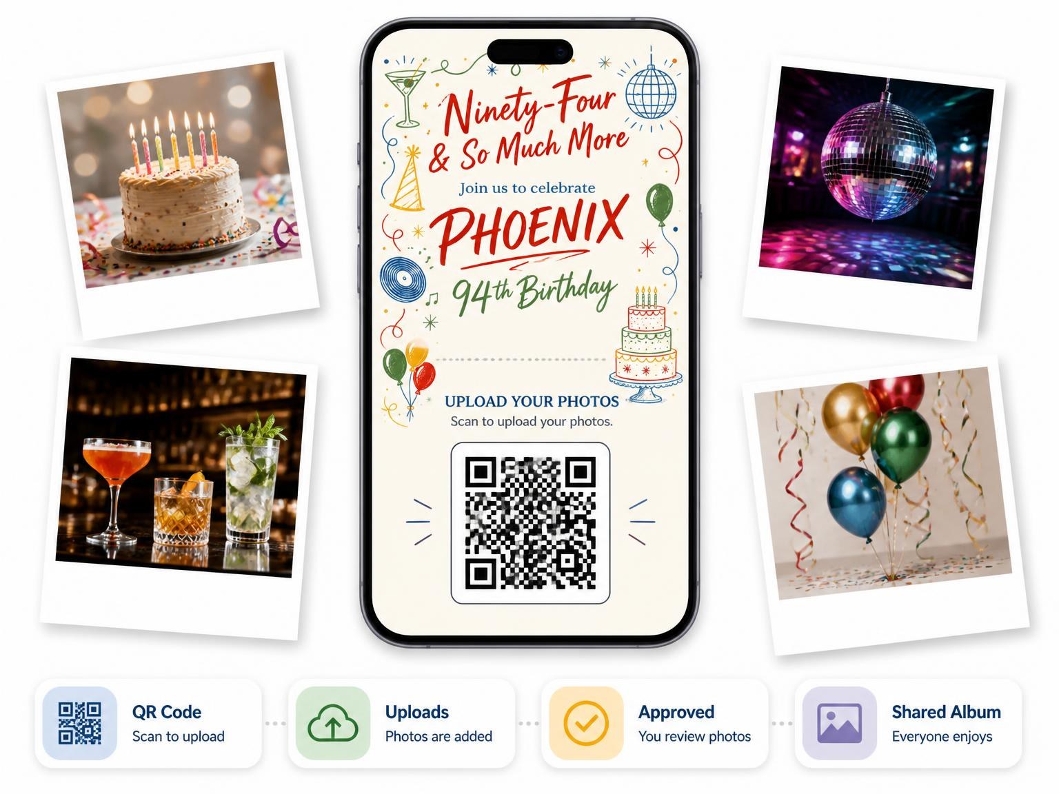 The shared photo gallery that comes with the Retro Doodle 94th Birthday Invitation invitation