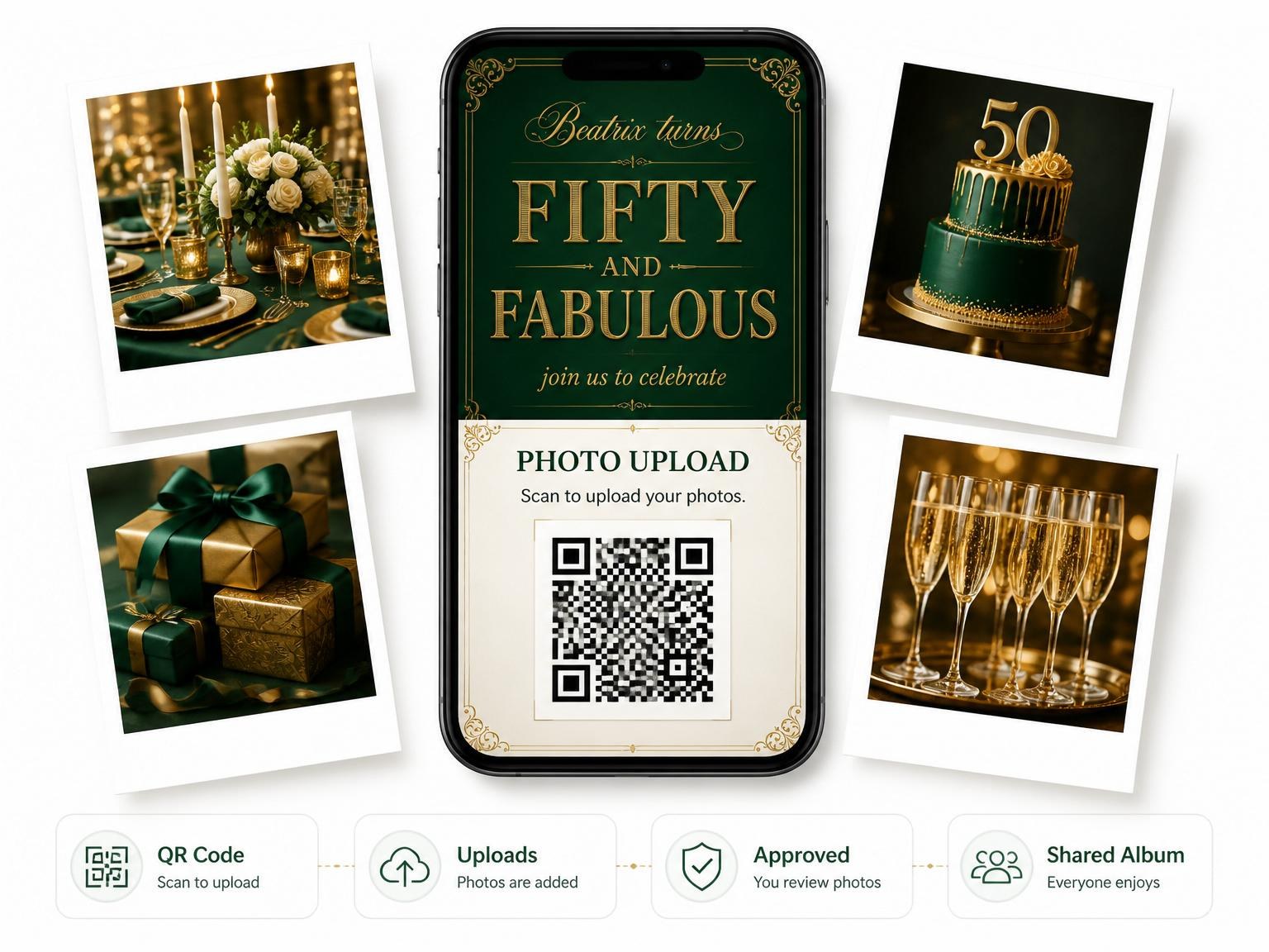 The shared photo gallery that comes with the Forest Green Gold Filigree 50th Birthday invitation