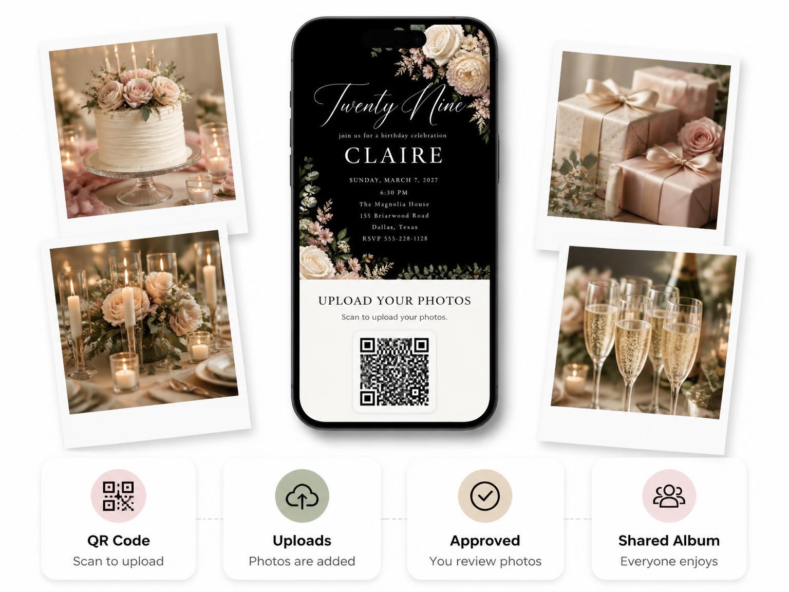 The shared photo gallery that comes with the Black Floral 29th Birthday Invitation invitation