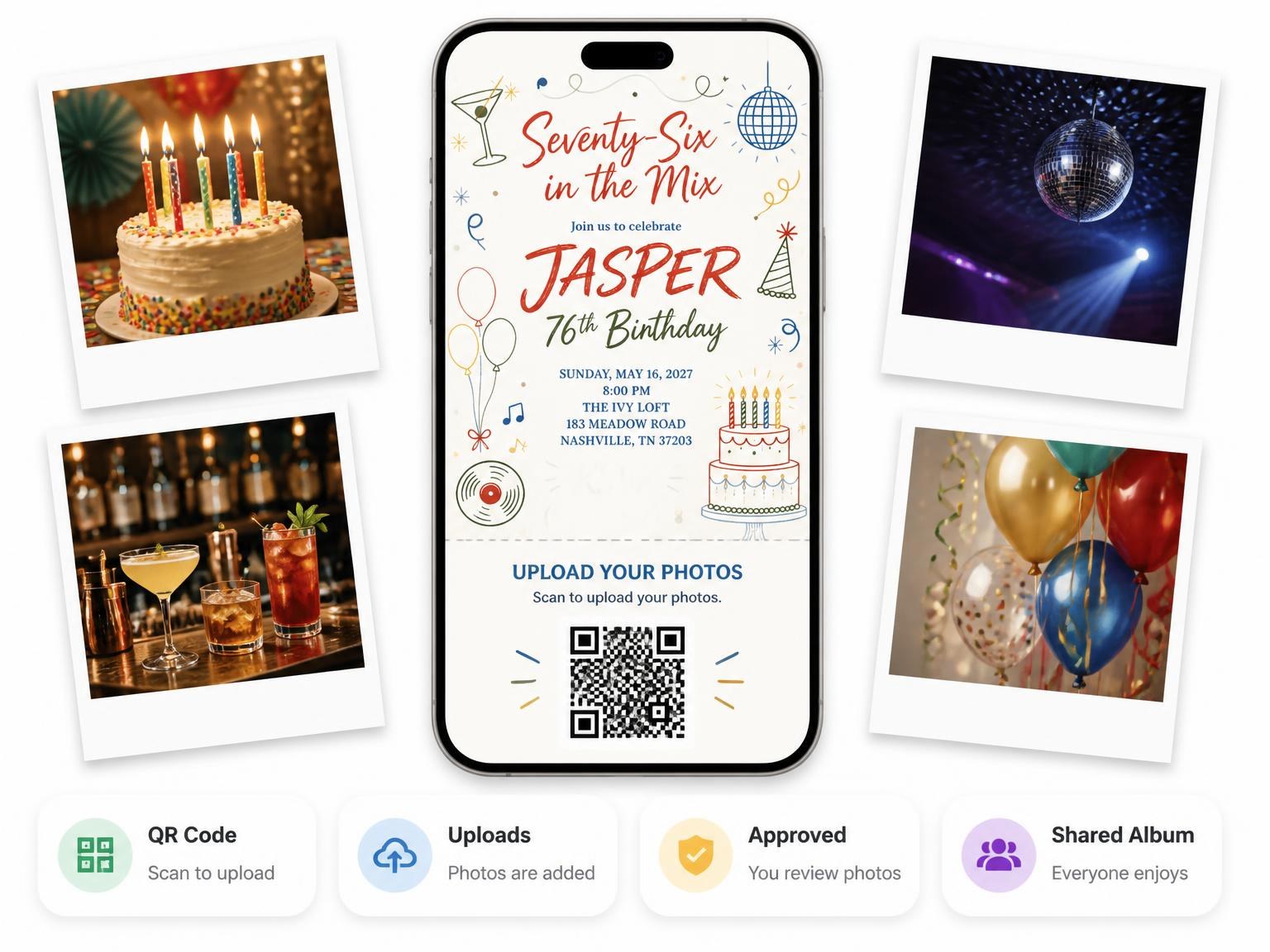 The shared photo gallery that comes with the Retro Doodle 76th Birthday Invitation invitation
