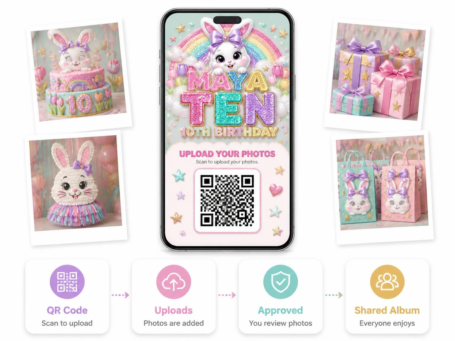 The shared photo gallery that comes with the Glitter Sparkle Bunny 10th Birthday Invitation invitation