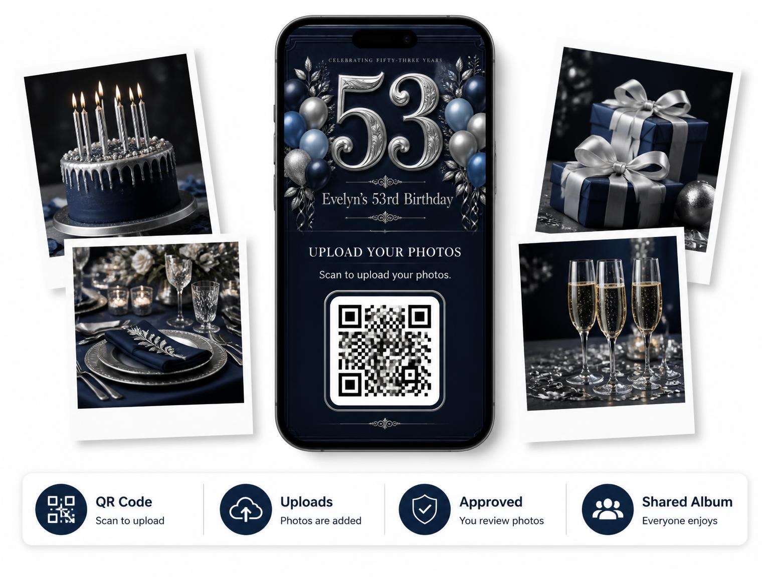 The shared photo gallery that comes with the Navy and Silver 53rd Birthday Invitation invitation