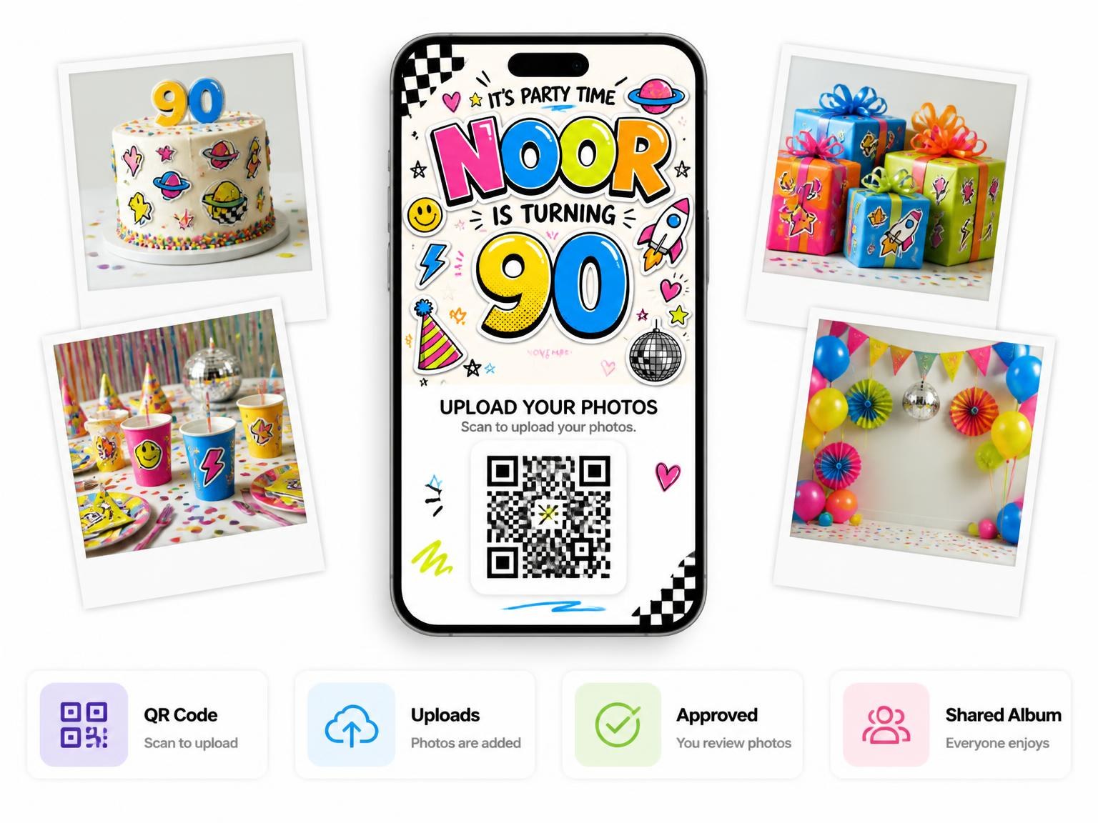 The shared photo gallery that comes with the Sticker Pop 90th Birthday Invitation invitation
