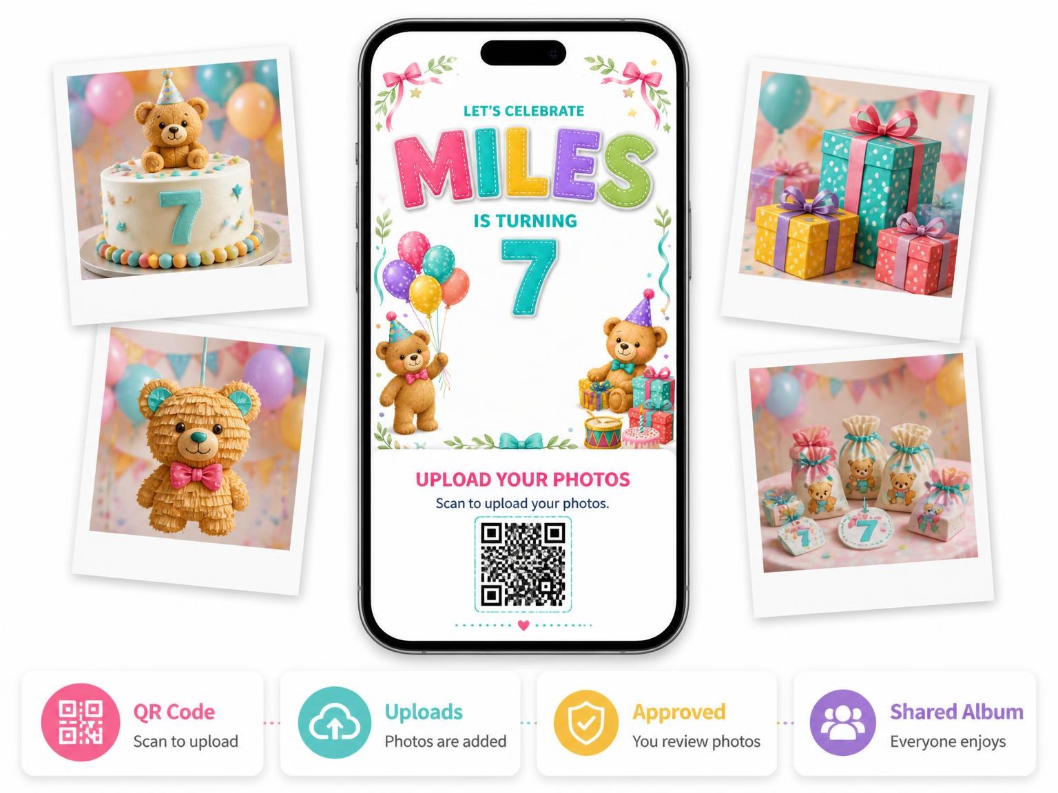 The shared photo gallery that comes with the Stitched Teddy Bear 7th Birthday Invitation invitation
