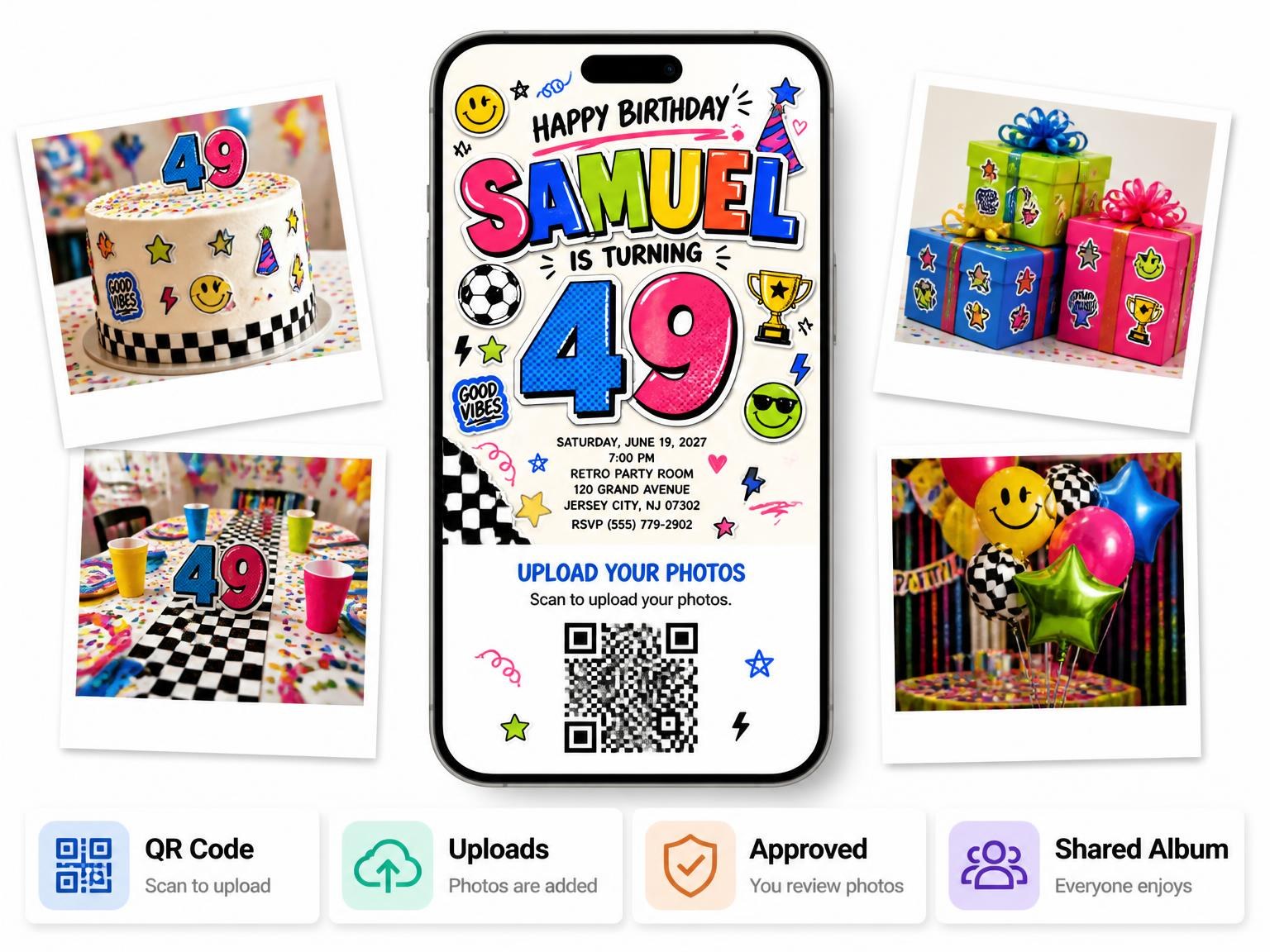 The shared photo gallery that comes with the Sticker Pop 49th Birthday Invitation invitation