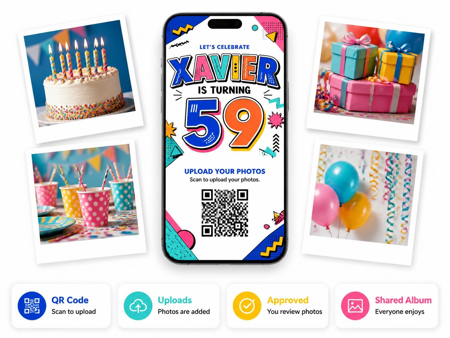 The shared photo gallery that comes with the Memphis Pop 59th Birthday Invitation invitation