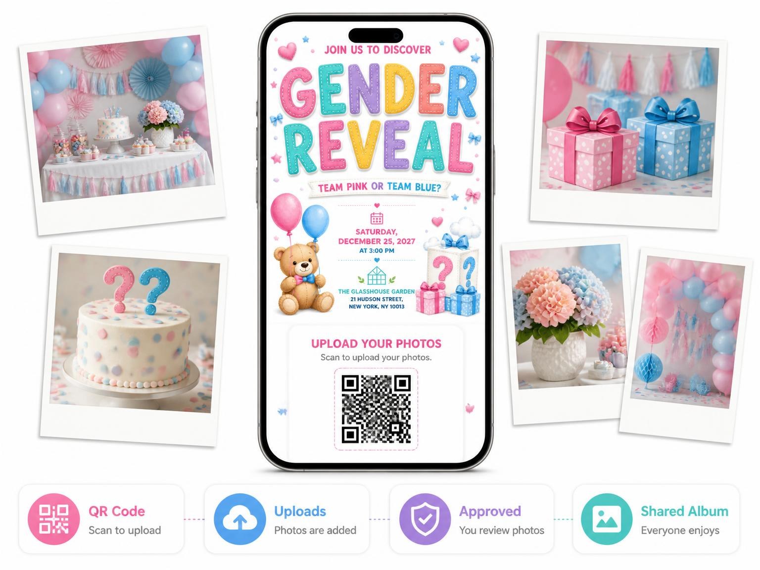 The shared photo gallery that comes with the Mystery Gift Gender Reveal Invitation invitation