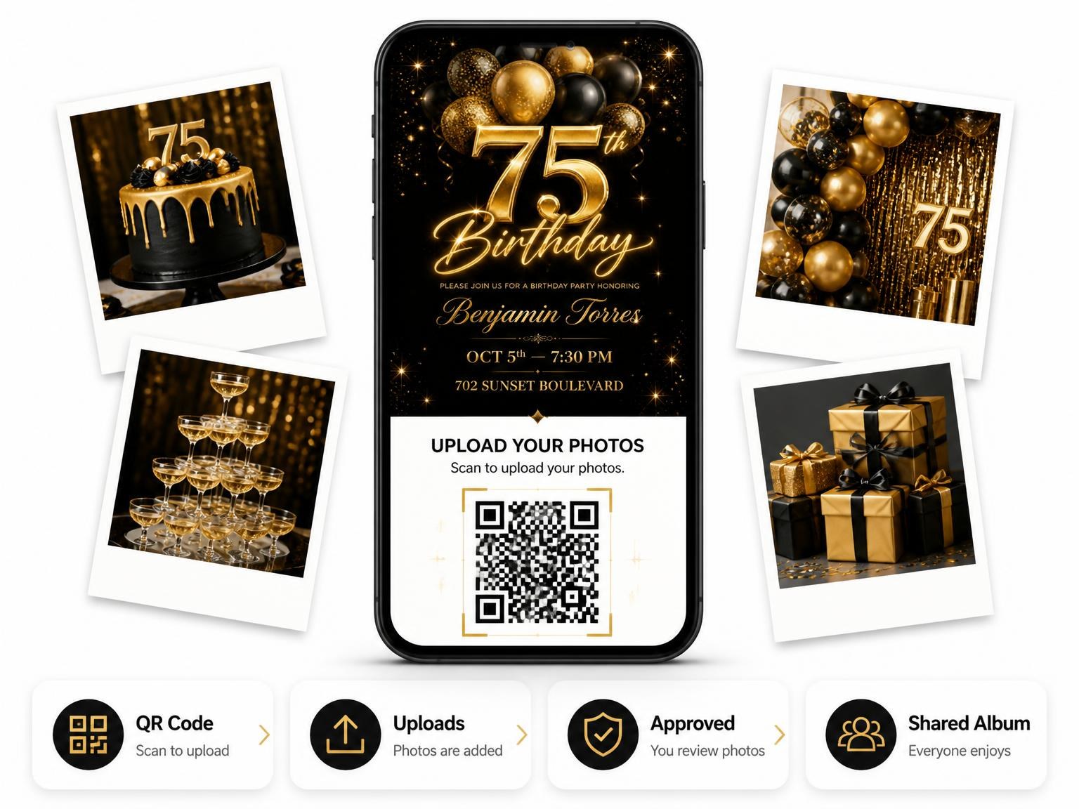 The shared photo gallery that comes with the Black and Gold Balloon 75th Birthday invitation