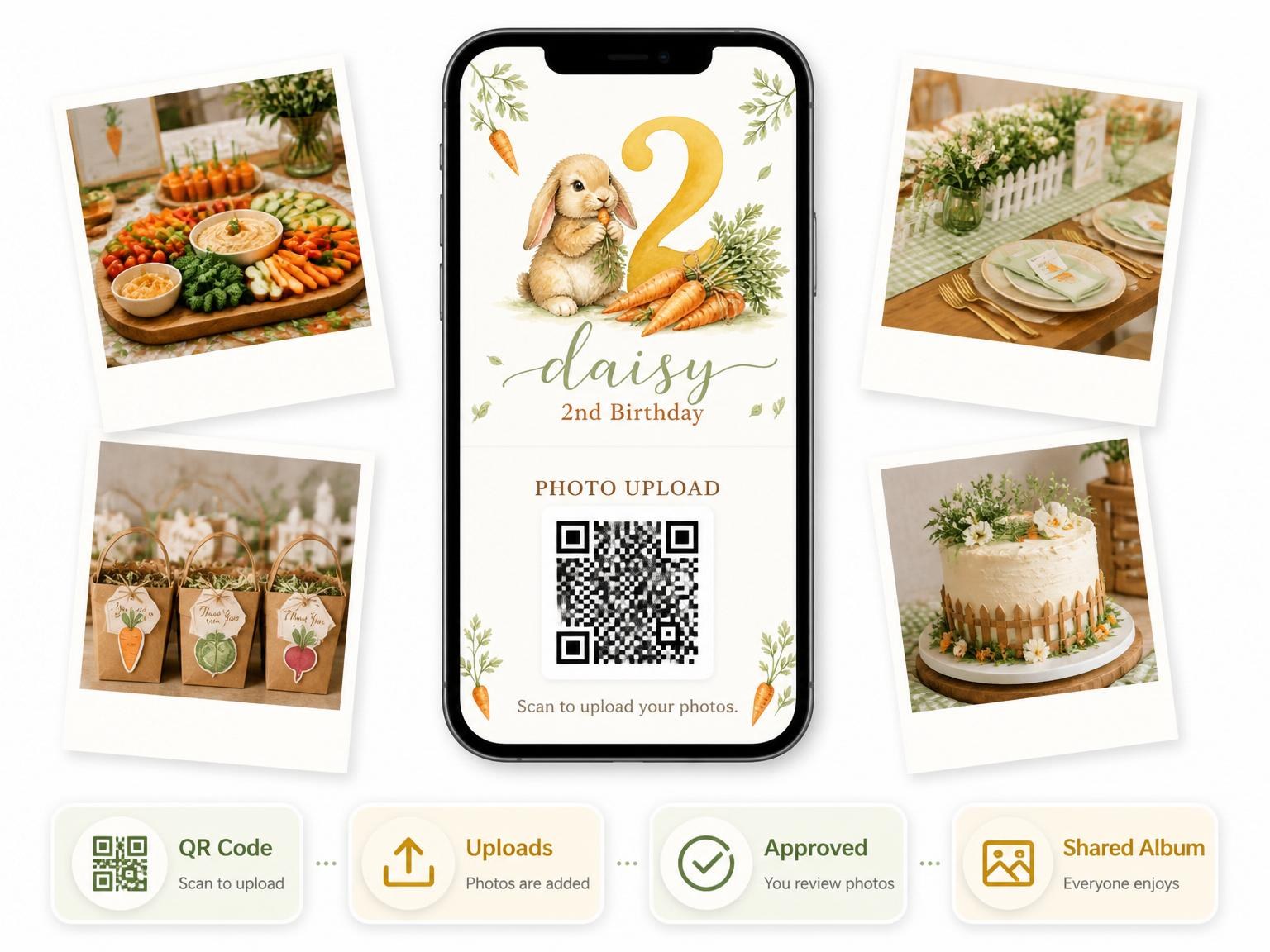 The shared photo gallery that comes with the Watercolor Bunny Carrot 2nd Birthday invitation