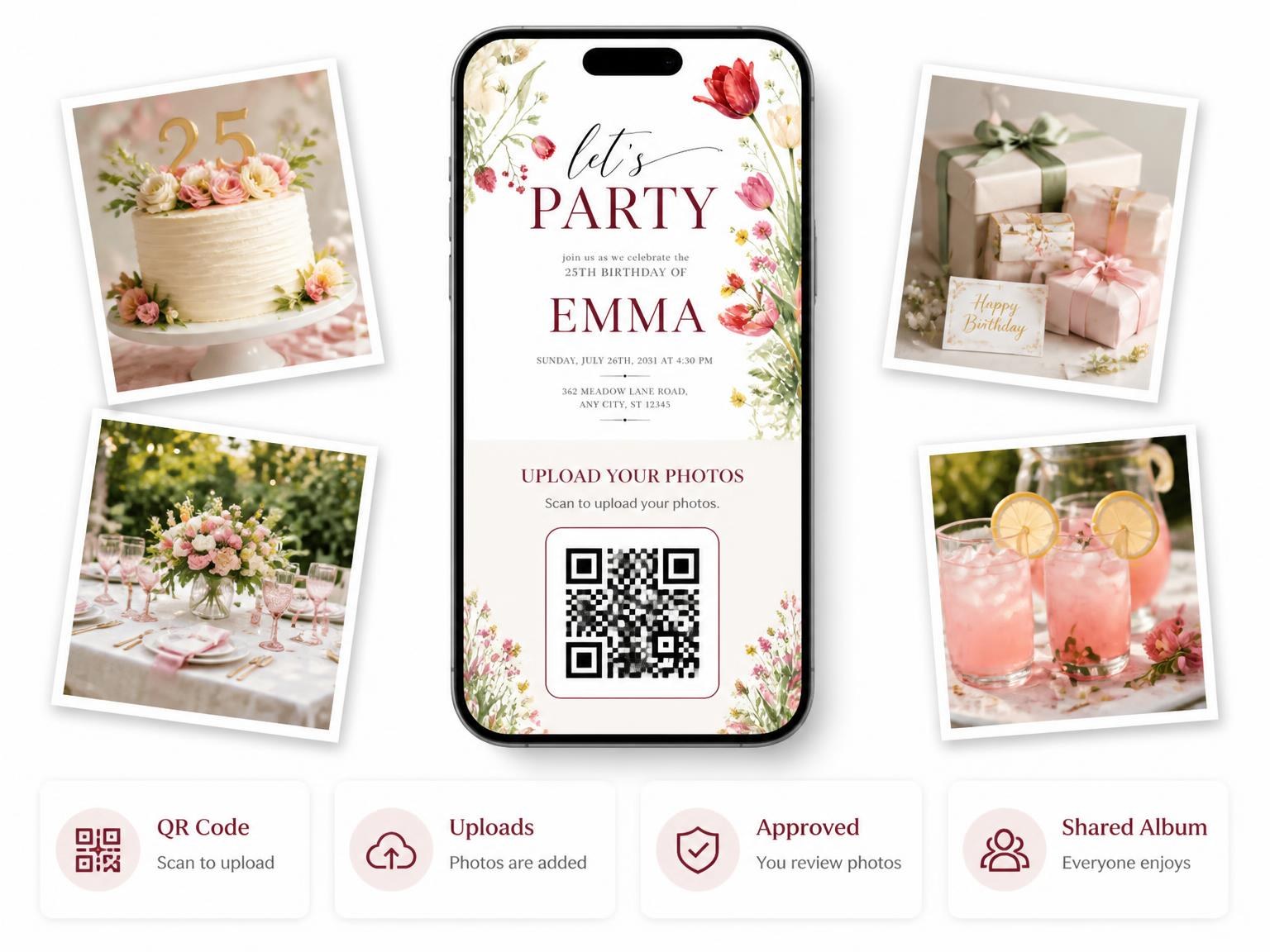 The shared photo gallery that comes with the Wildflower Bouquet Scarlet 25th Birthday Invitation invitation