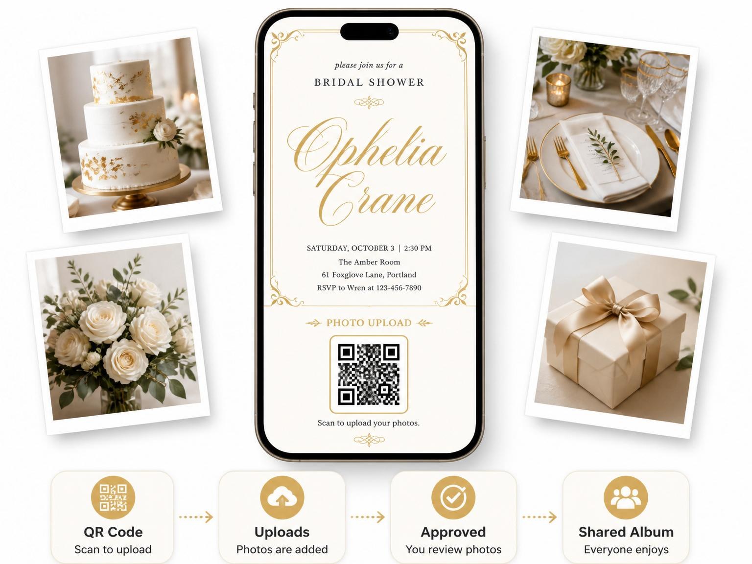 The shared photo gallery that comes with the Gold Filigree Cream Bridal Shower invitation