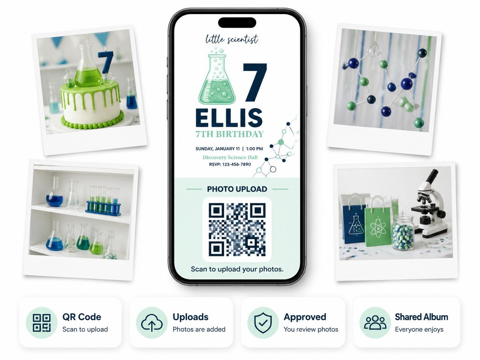 The shared photo gallery that comes with the Mint Beaker Science 7th Birthday Invitation invitation