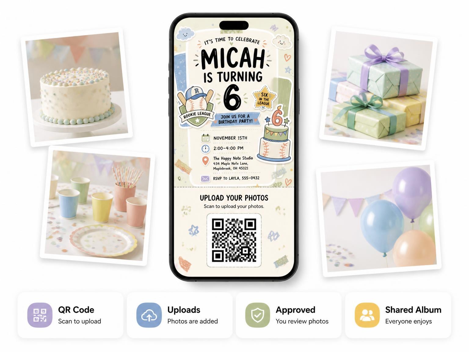 The shared photo gallery that comes with the Rookie Badge Pastel 6th Birthday Invitation invitation