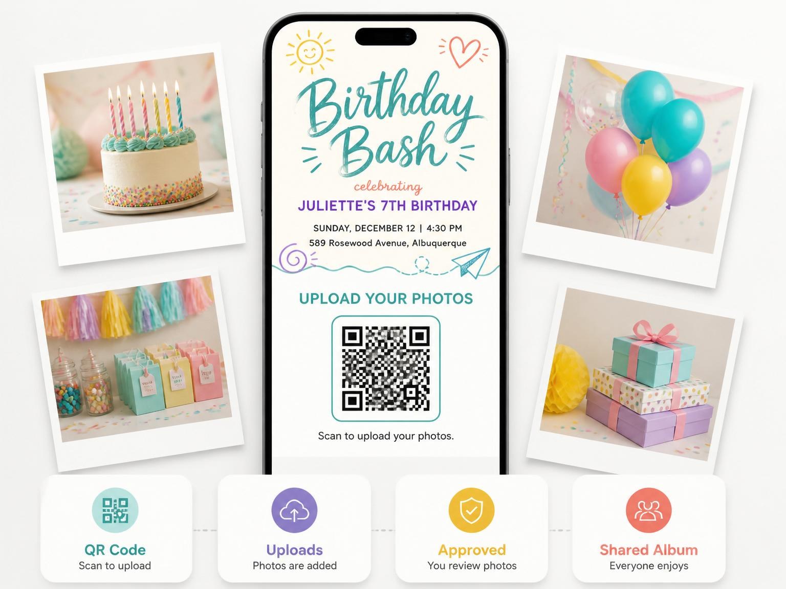 The shared photo gallery that comes with the Teal Doodle Motif 7th Birthday Celebration invitation