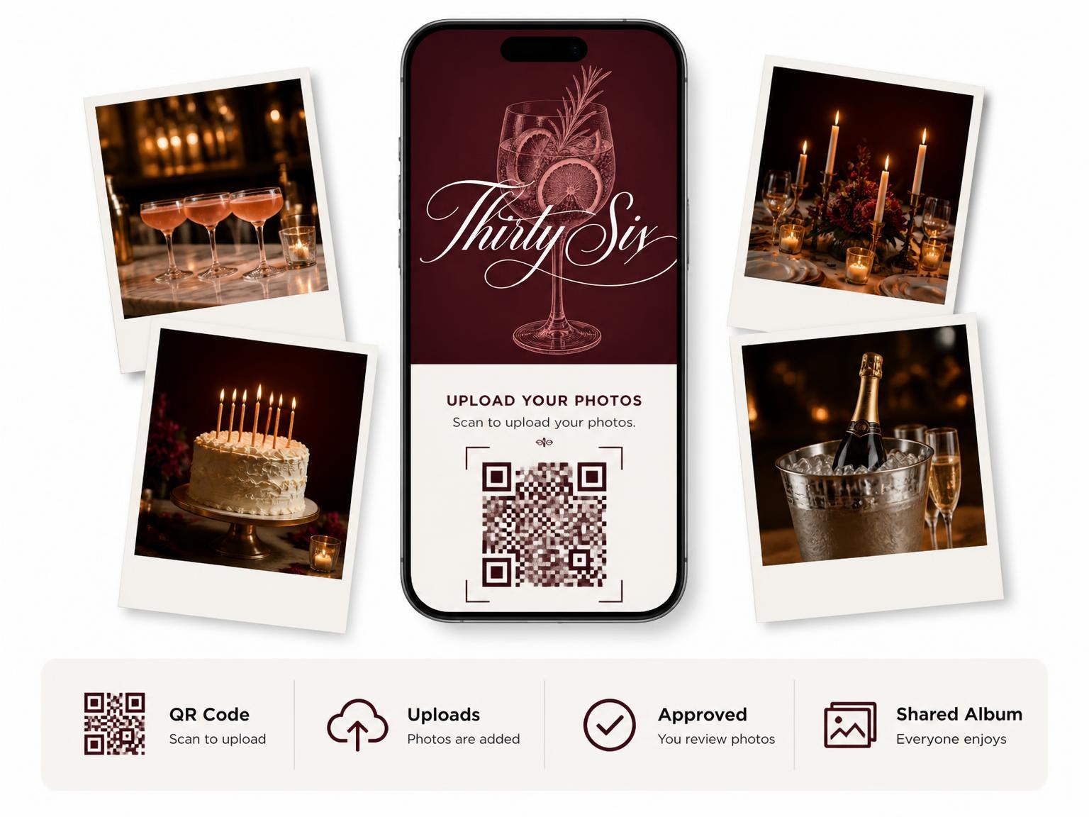 The shared photo gallery that comes with the Burgundy Cocktail 36th Birthday Invitation invitation