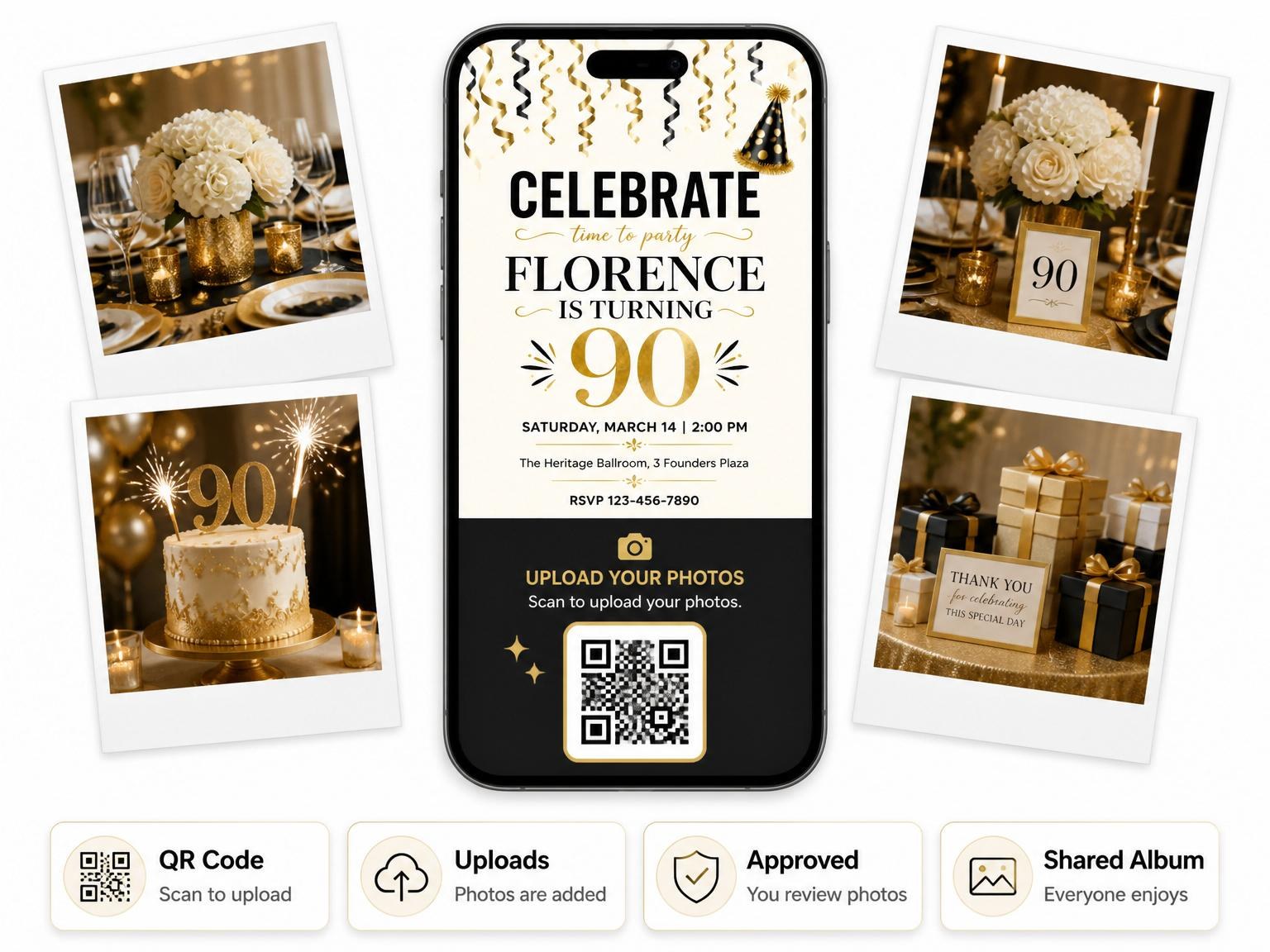 The shared photo gallery that comes with the Black and Gold Streamer 90th Birthday invitation