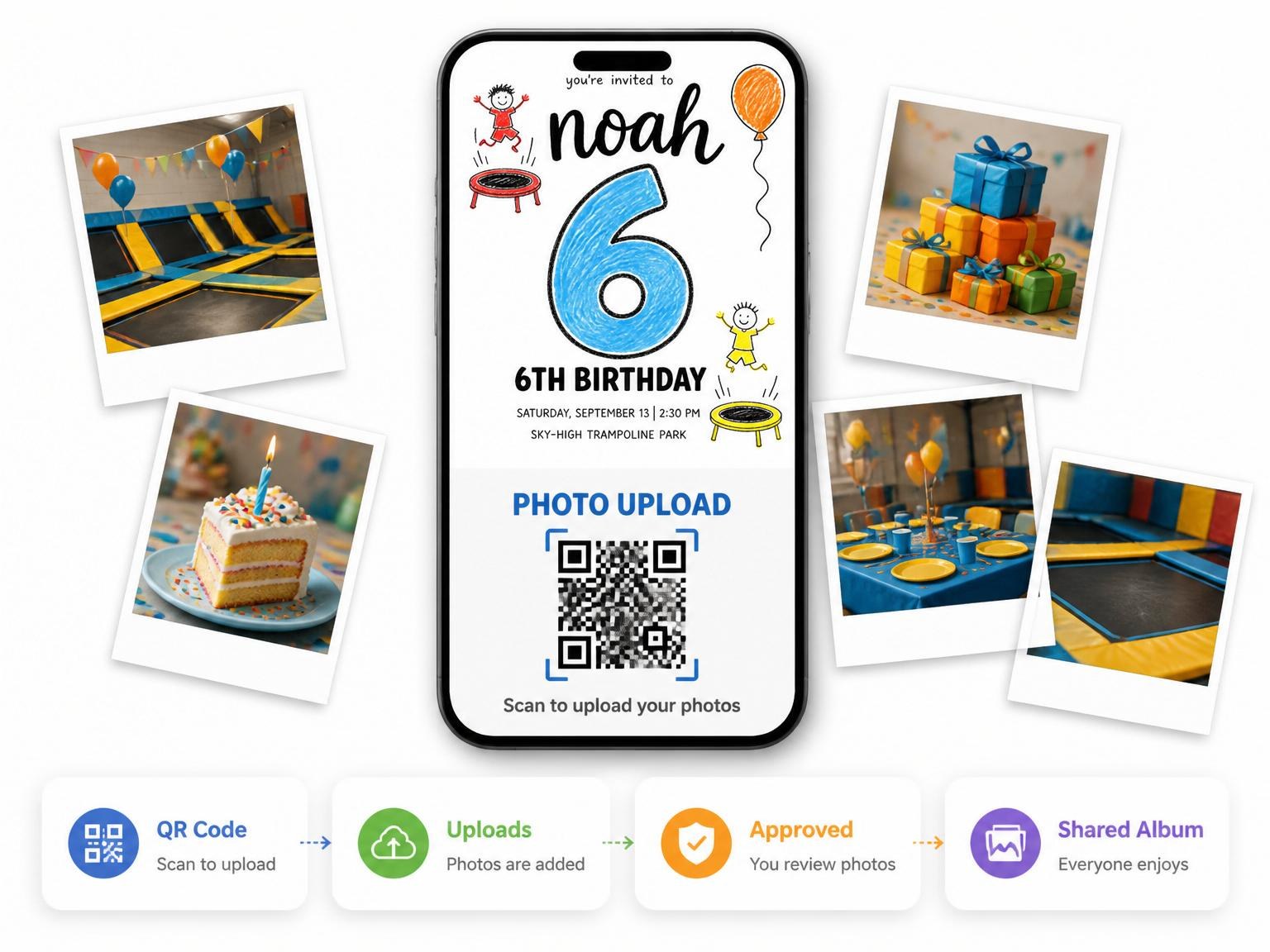 The shared photo gallery that comes with the Crayon Trampoline Sketch 6th Birthday Invitation invitation