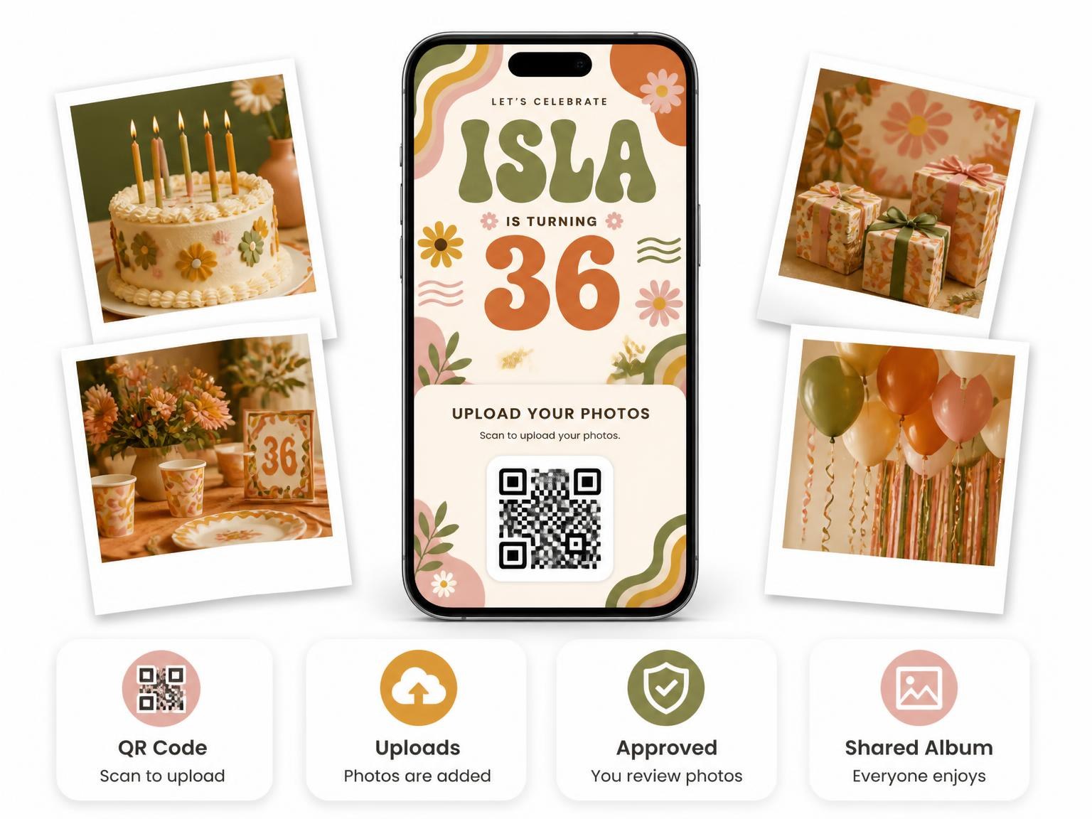 The shared photo gallery that comes with the Groovy Retro 36th Birthday Invitation invitation