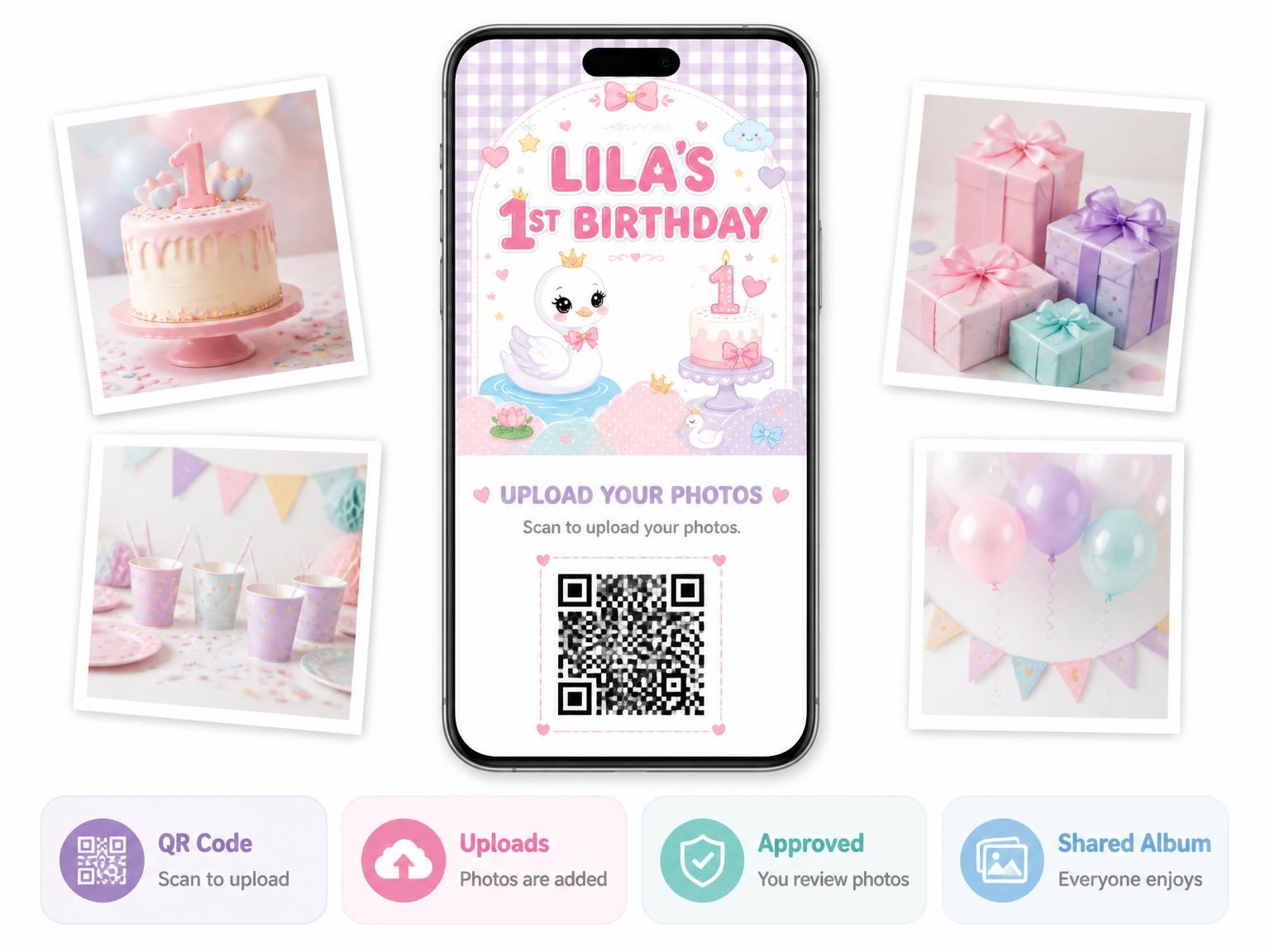 The shared photo gallery that comes with the Kawaii Swan Princess 1st Birthday Invitation invitation