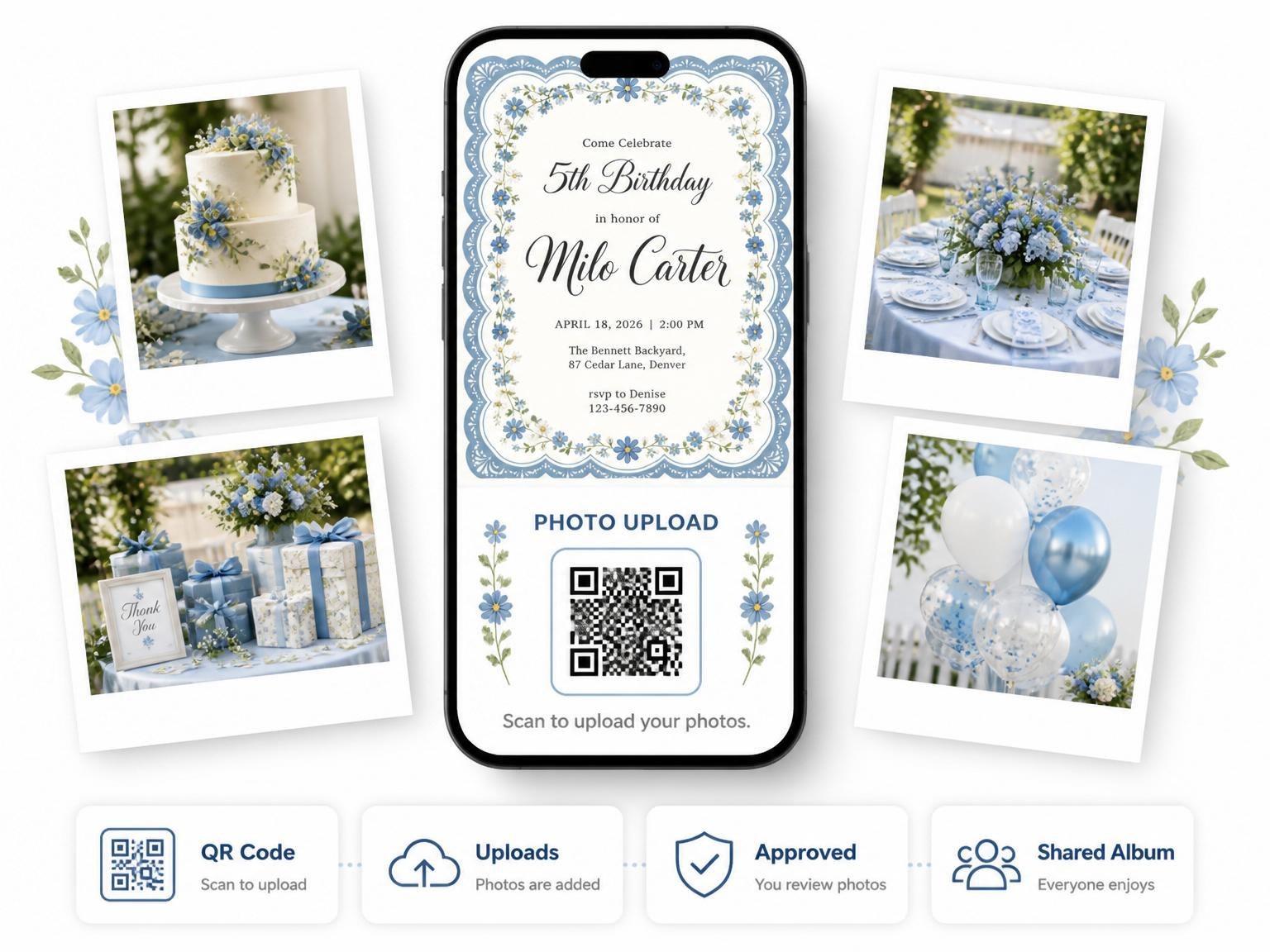 The shared photo gallery that comes with the Vintage Blue 5th Birthday Invitation invitation