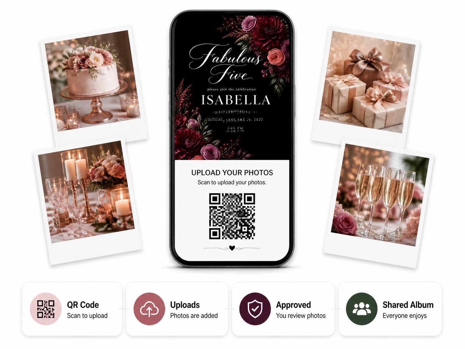 The shared photo gallery that comes with the Black Floral 5th Birthday Invitation invitation