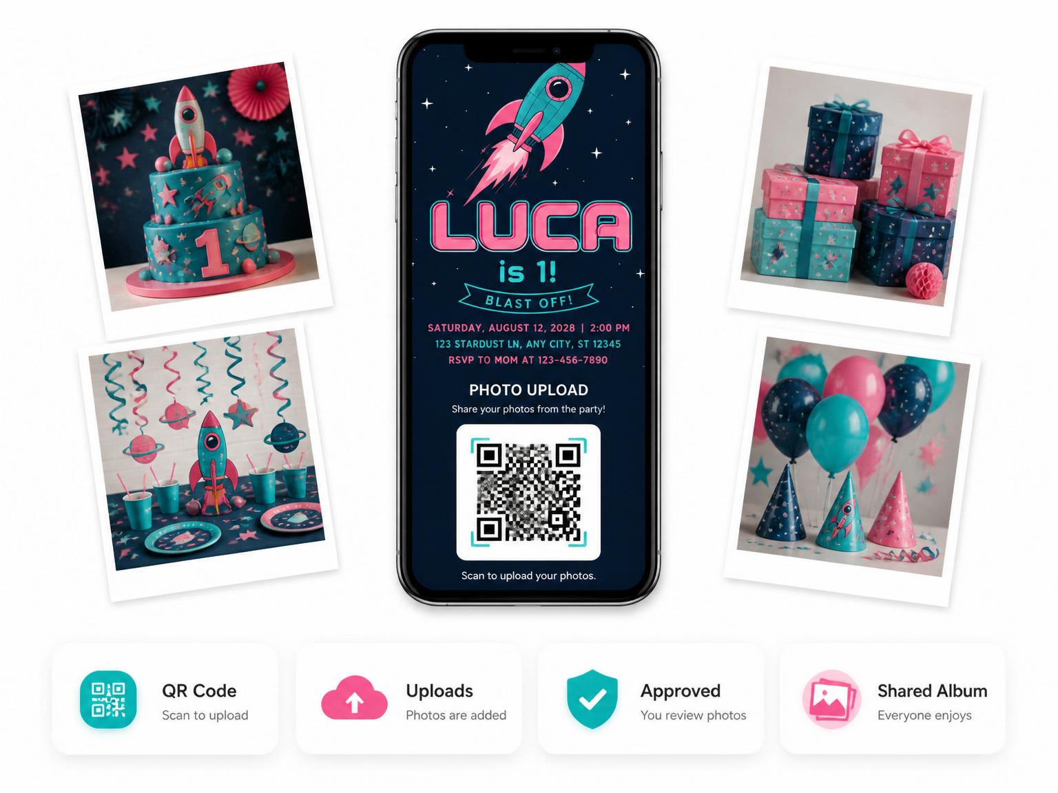 The shared photo gallery that comes with the Cosmic Rocket First Birthday Party invitation