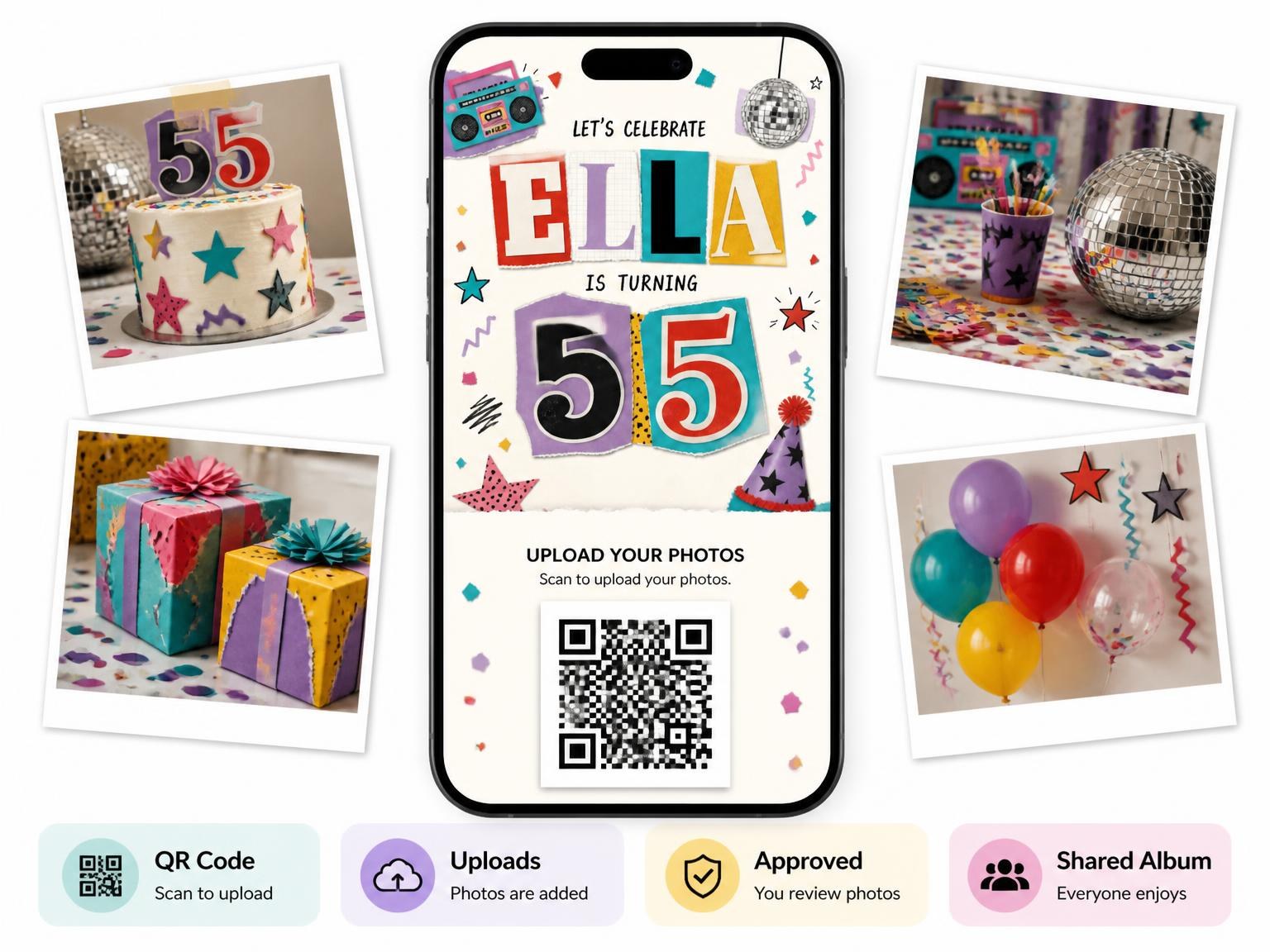 The shared photo gallery that comes with the Retro Paper Collage 55th Birthday Invitation invitation