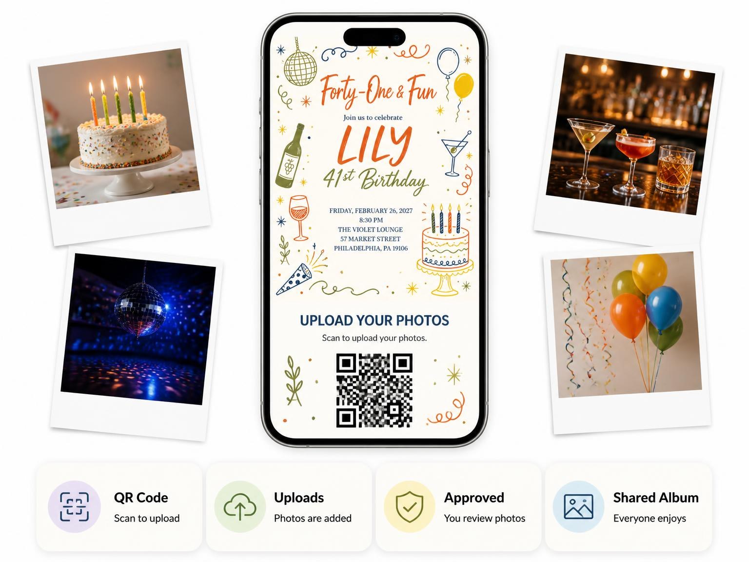 The shared photo gallery that comes with the Retro Doodle 41st Birthday Invitation invitation