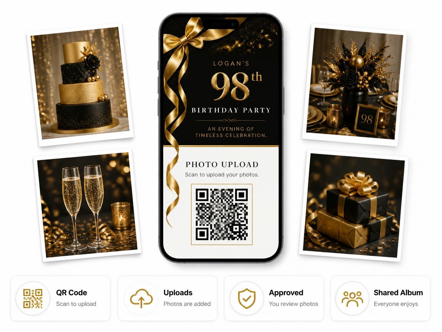 The shared photo gallery that comes with the Black and Gold Ribbon 98th Birthday invitation
