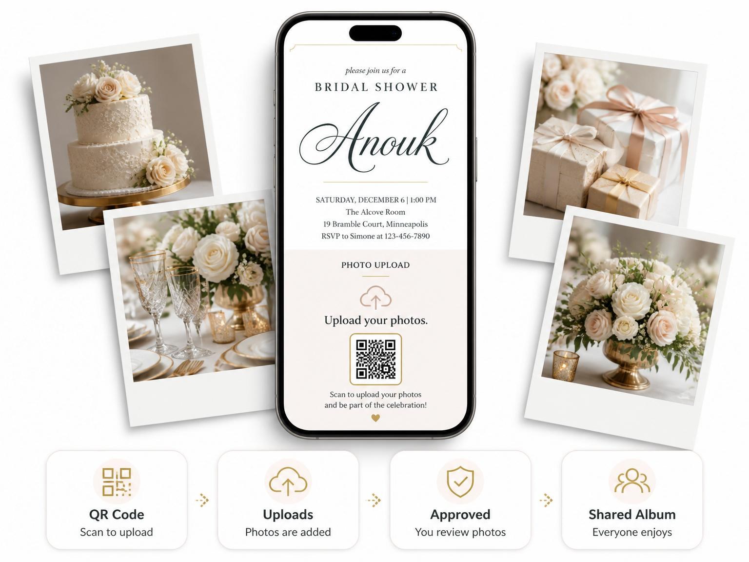 The shared photo gallery that comes with the Minimalist Gold Line Bridal Shower invitation